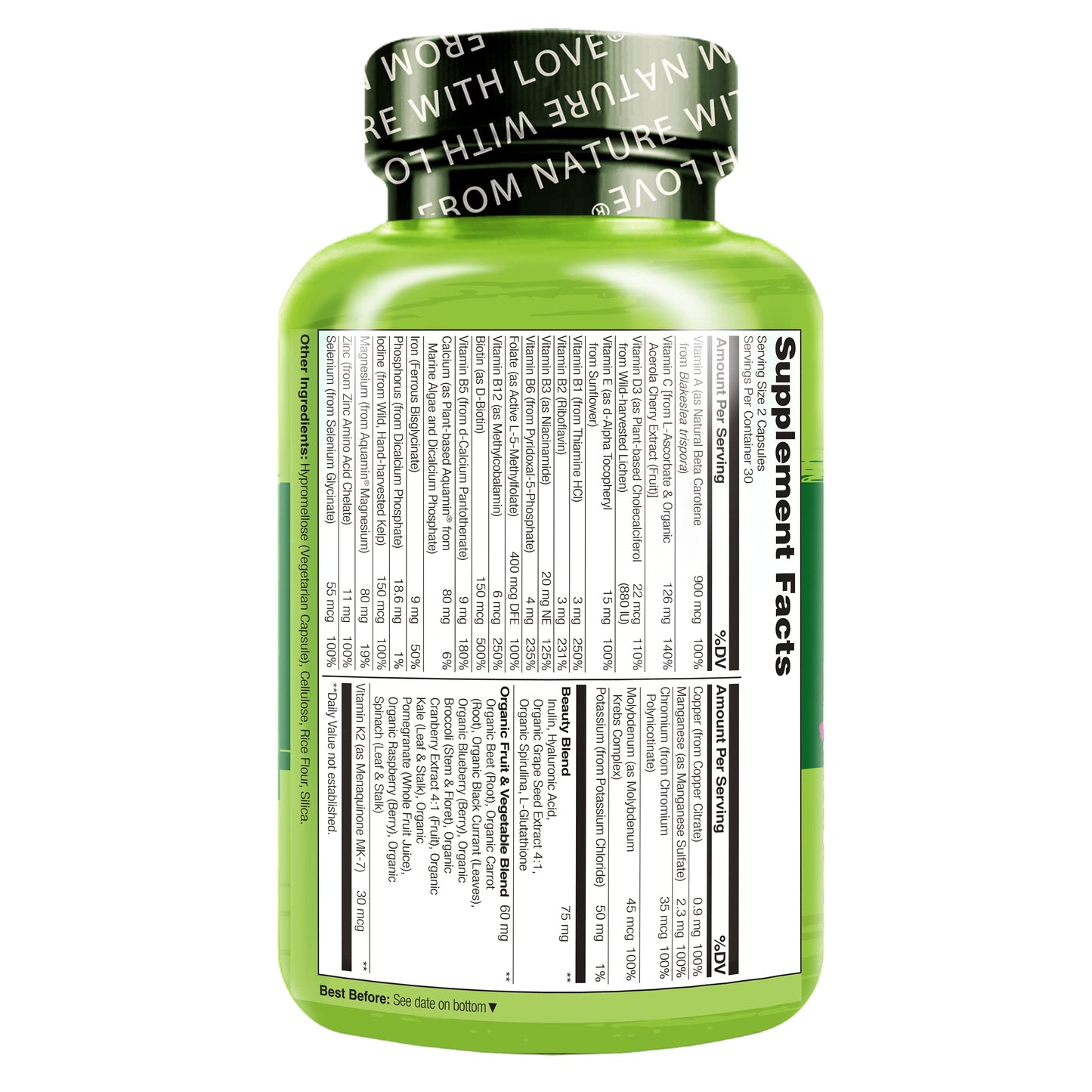 NATURELO Whole Food Multivitamin with Extra Hair, Skin and Nails Support - Beauty Blend with Hyaluronic Acid & Grape Seed - High Potency Biotin, Vitamin C, and Glutathione - 60 Vegan Capsules