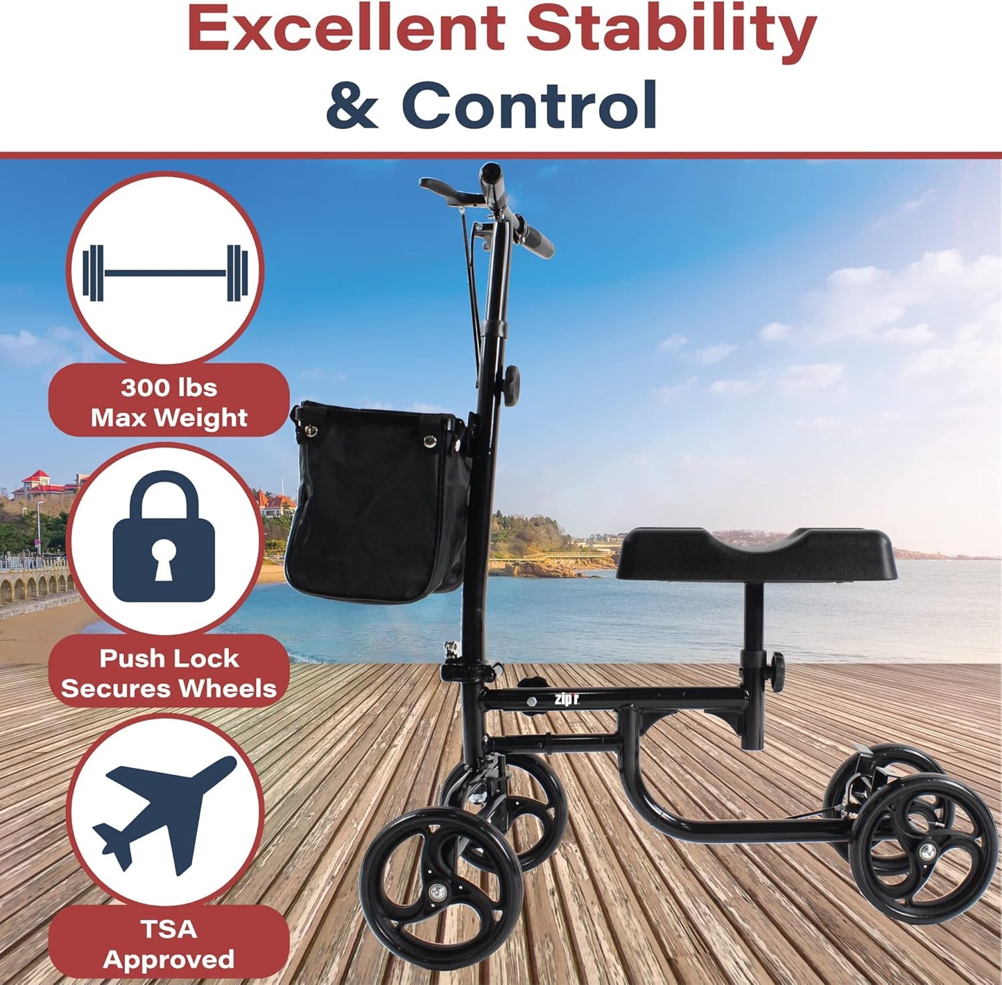Zipr Coaster Medical Knee Scooter - Portable Knee Roller Scooter - Knee Walker Scooter with Removable Storage Bag - Steerable Knee Scooter Crutch - Ambidextrous Dual Braking Rolling Knee Scooter Cart