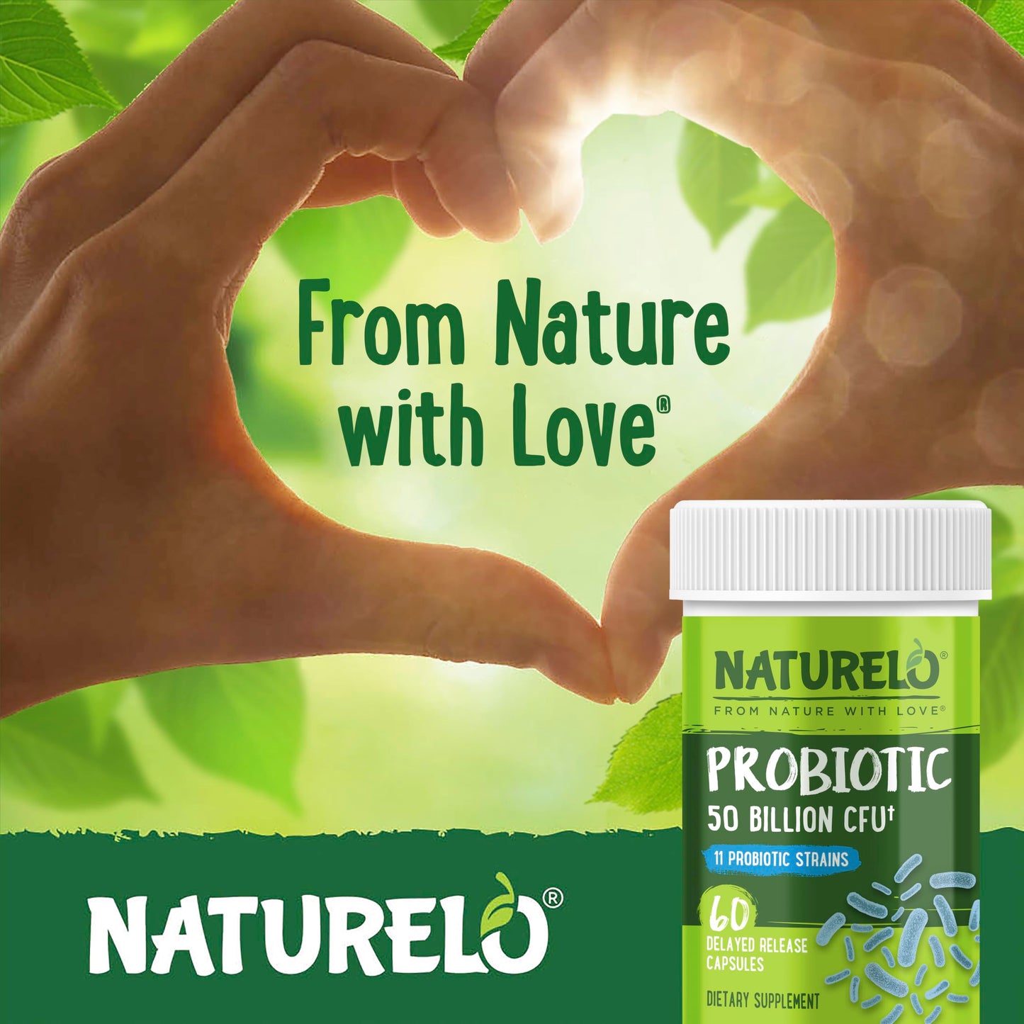 NATURELO Probiotics for Digestive Health - 50 Billion CFU, 11 Strains Daily Supplement - Boosts Immune System, Delayed Release, 60 Vegetarian Capsules