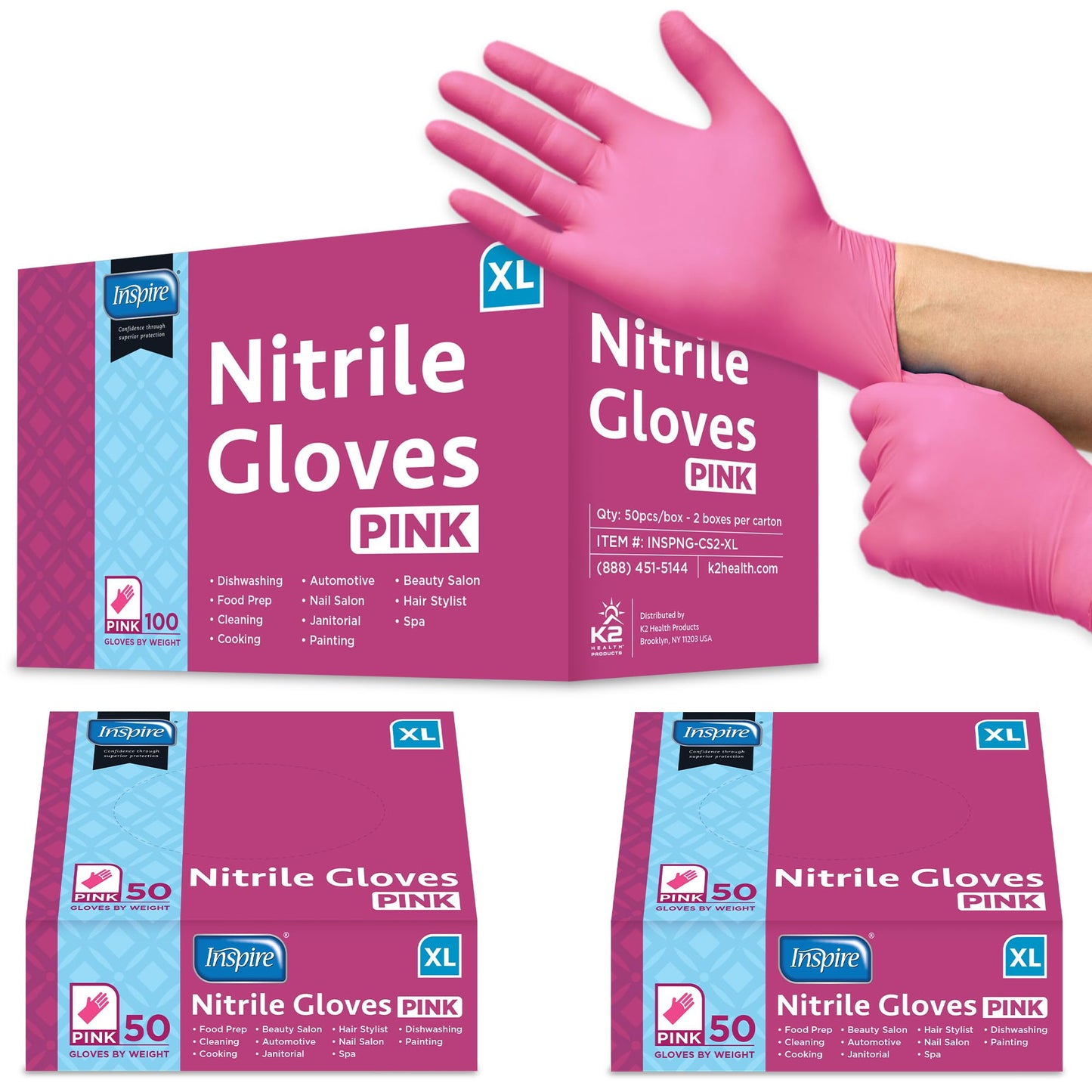 Inspire Pink Disposable Nitrile Gloves - Hair & Nail Salon, Esthetician Use