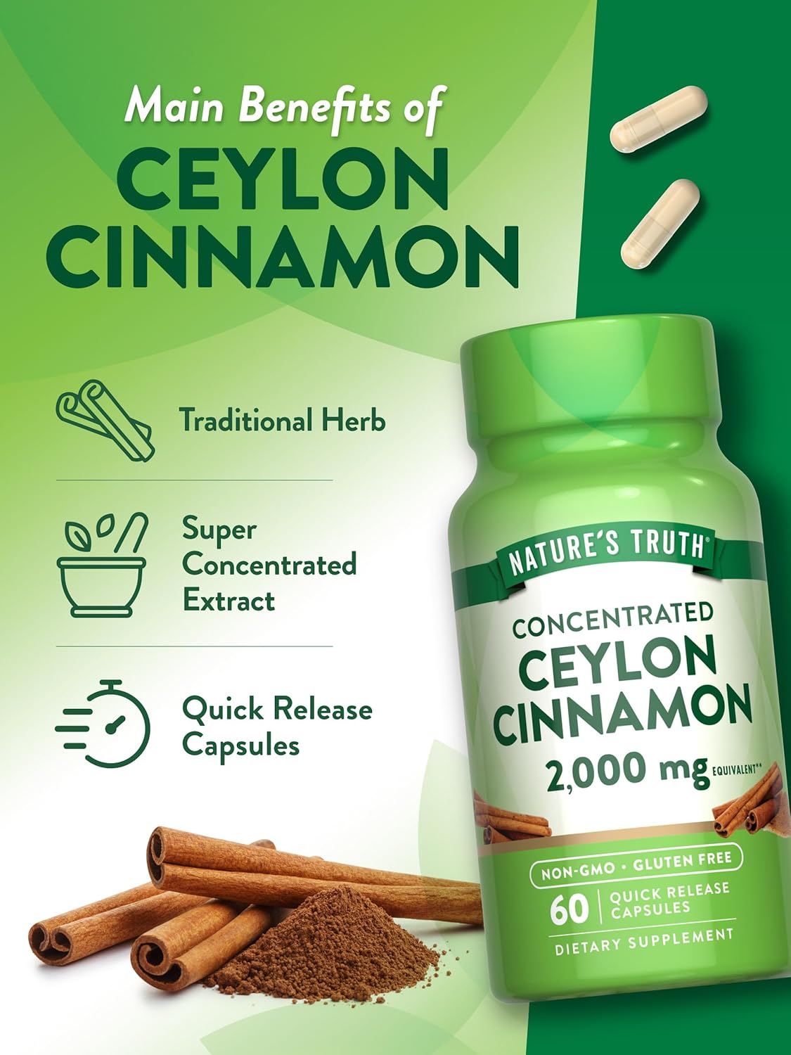 Nature's Truth Ceylon Cinnamon Pill Capsules | 2000mg | Non-GMO & Gluten Free Supplement