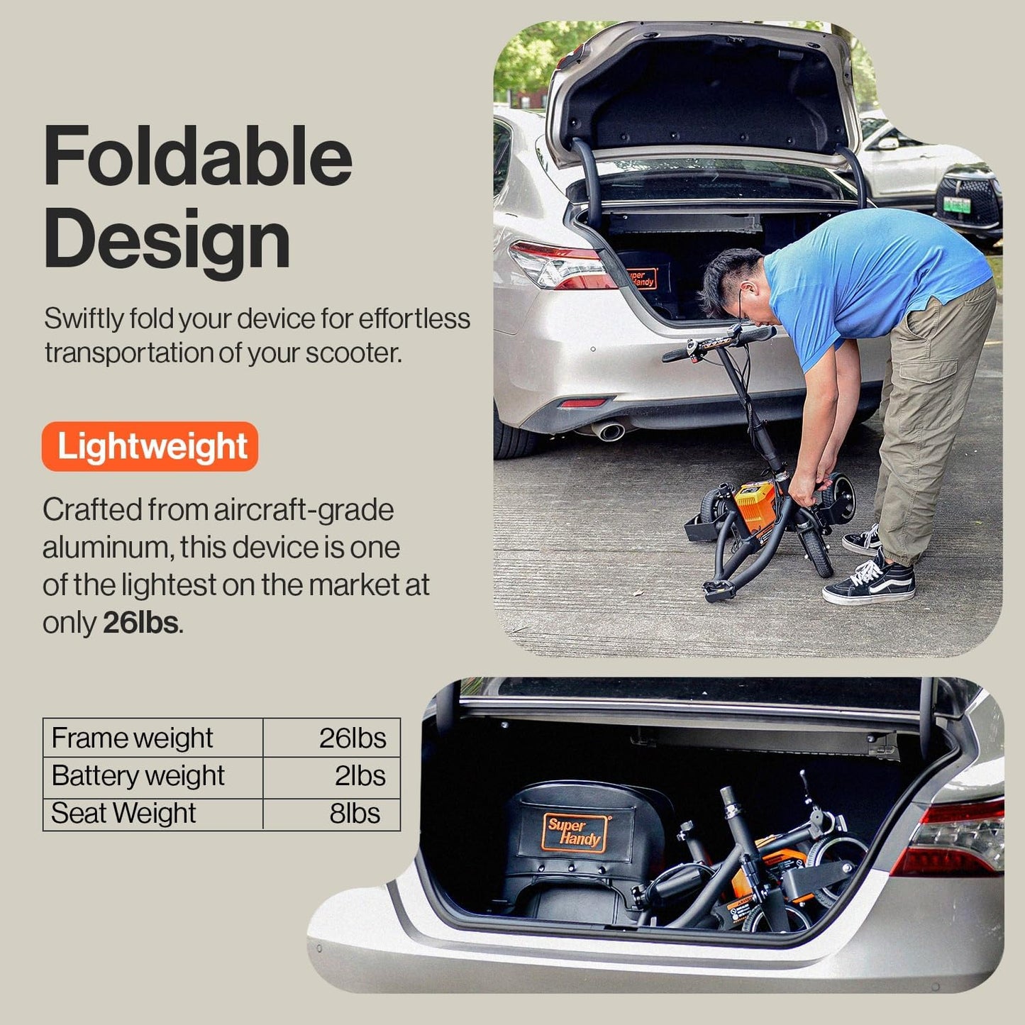 SuperHandy Passport Mobility Scooter for Adults- Foldable, 3 Wheel, Airline Travel Friendly - 13 Mile Range, Includes 2 Removable 44.4V Lithium-ion Batteries & Charger (275 Lbs)