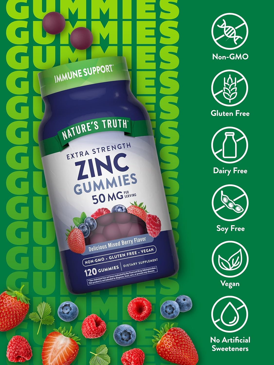 Nature's Truth Zinc Gummies for Adults | 50mg | 120 Count | Vegan, Non-GMO & Gluten Free Supplement | Mixed Berry Flavor
