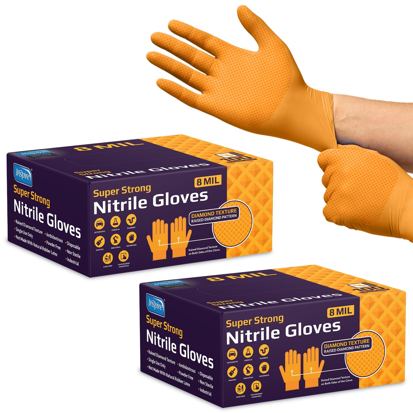 Inspire Heavy Duty Orange Nitrile Disposable Gloves | ULTRA 8 Mil Diamond Textured Grip | Industrial Mechanic Food