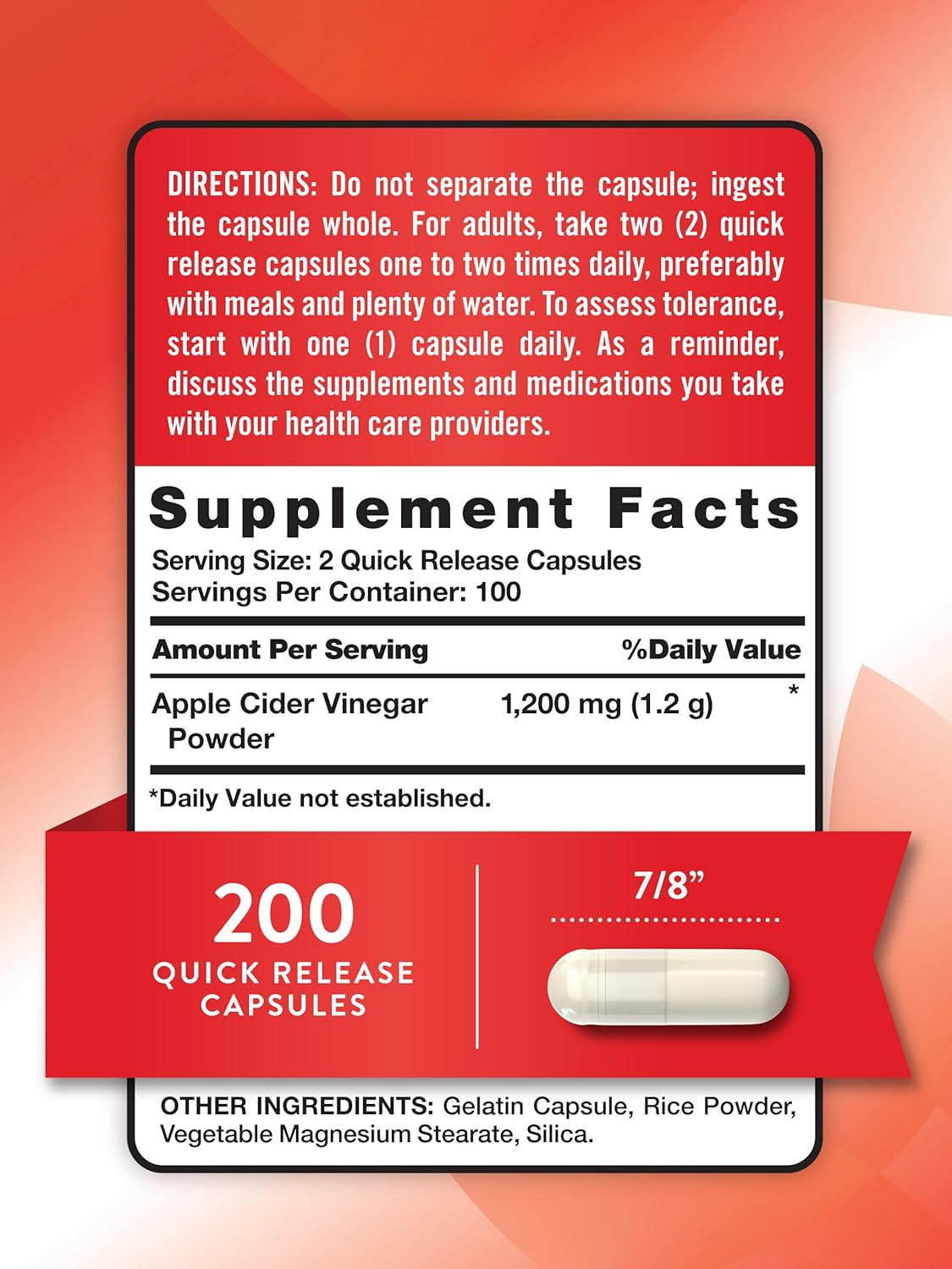 Nature's Truth Apple Cider Vinegar Capsules | 1200mg | 200 Pills | Extra Strength | Value Size | Non-GMO, Gluten Free Supplement