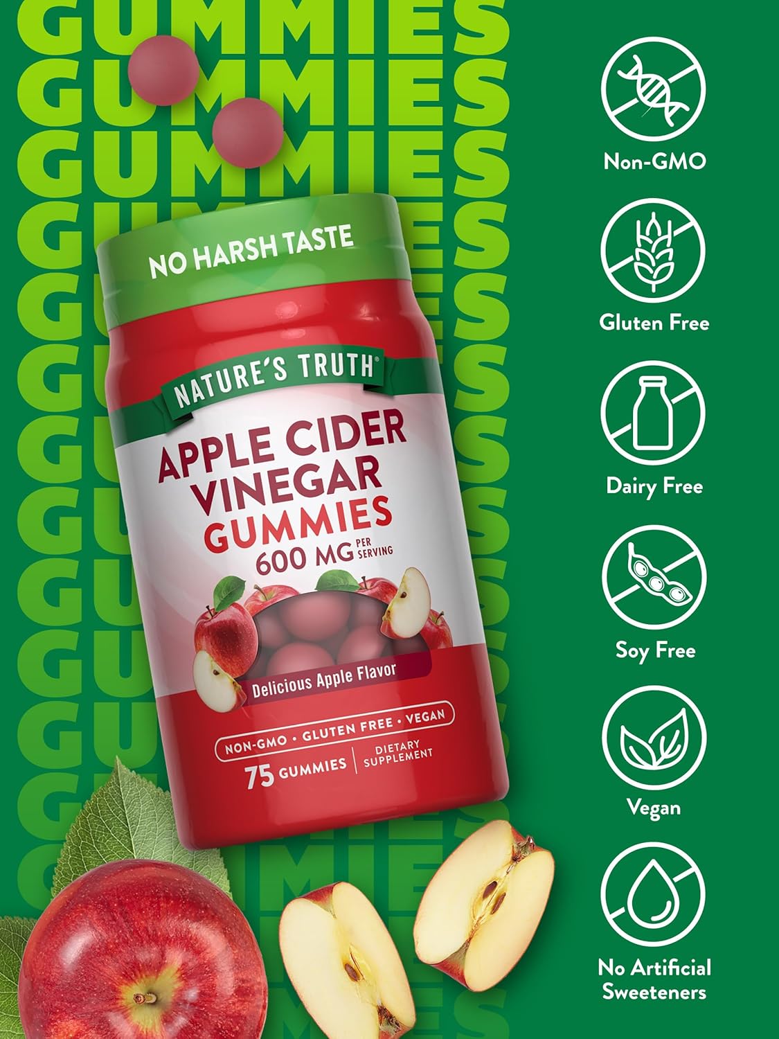 Nature's Truth Apple Cider Vinegar Gummies | 600 mg | 75 Gummies | Apple Flavor | Vegan, Non-GMO, Gluten Free Supplement