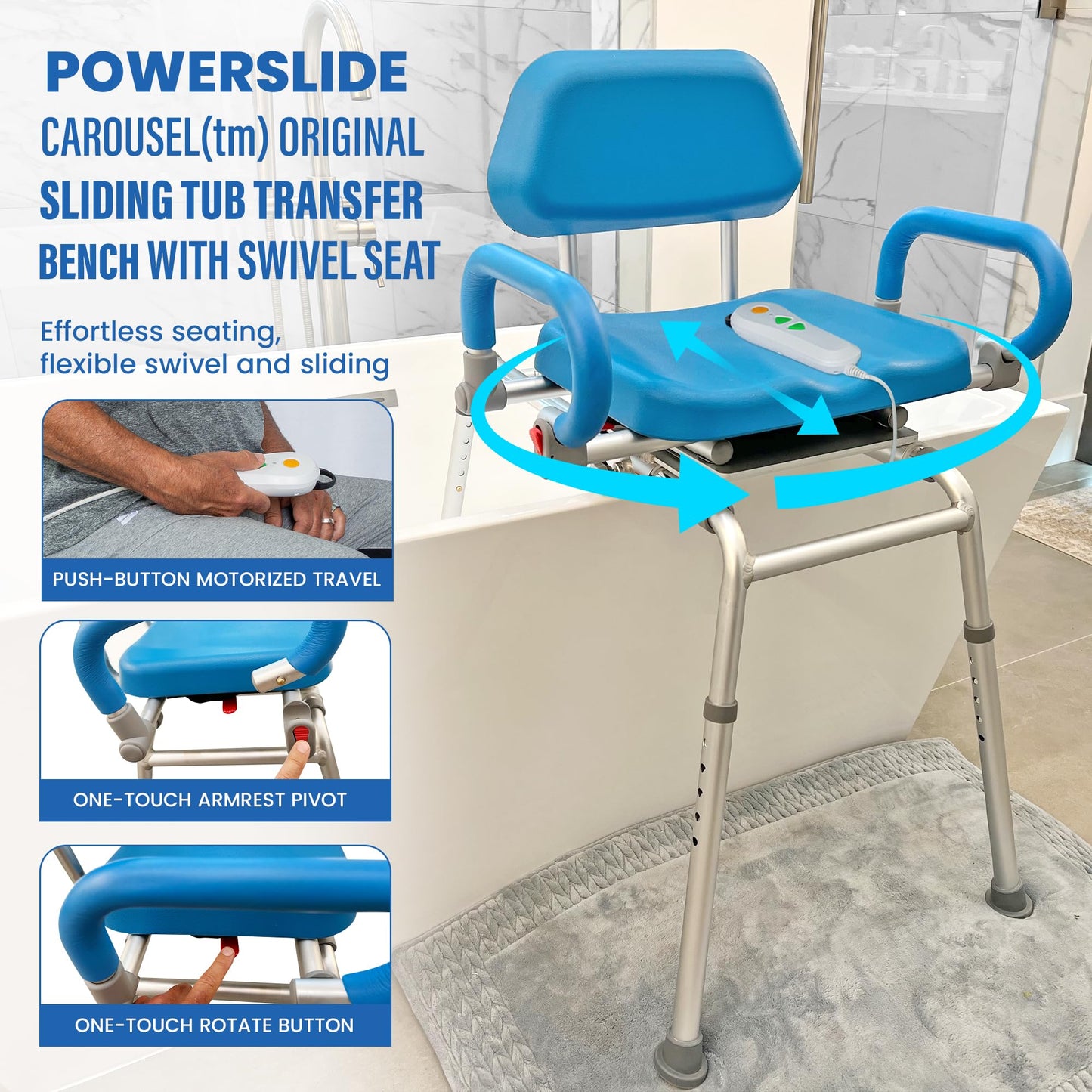 Platinum Health Carousel Sliding Shower Chair Tub Transfer Bench with Swivel Seat, Premium Padded, Pivoting Arms, Adjustable Space Saving Design for Tubs, Inside Shower, for Handicap & Seniors, Blue