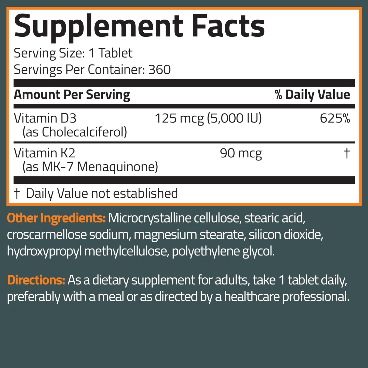 Bronson Vitamin K2 D3 (MK7) Supplement Non-GMO Formula Vitamin D3 5000IU (125 mcg) & 90 mcg K2 MK-7, Easy to Swallow D & K Complex, 120 Tablets