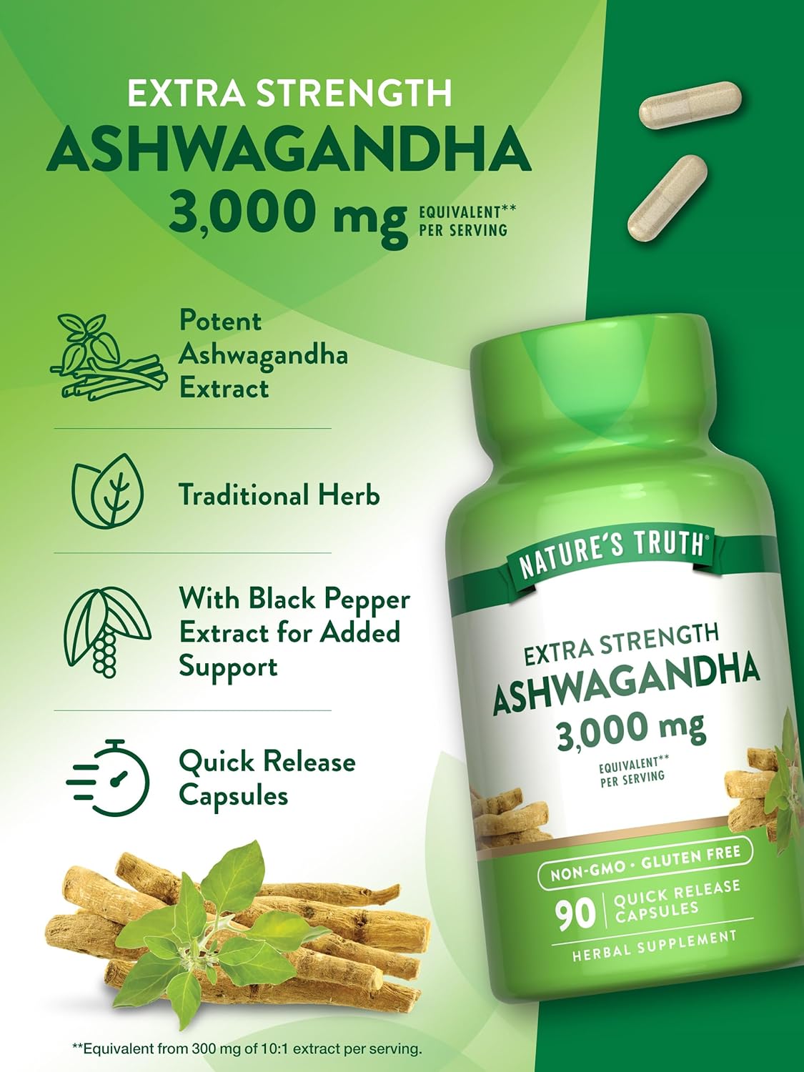 Nature's Truth Ashwagandha Capsules | 3000mg | 90 Count | Extra Strength | with Black Pepper | Non-GMO & Gluten Free Supplement