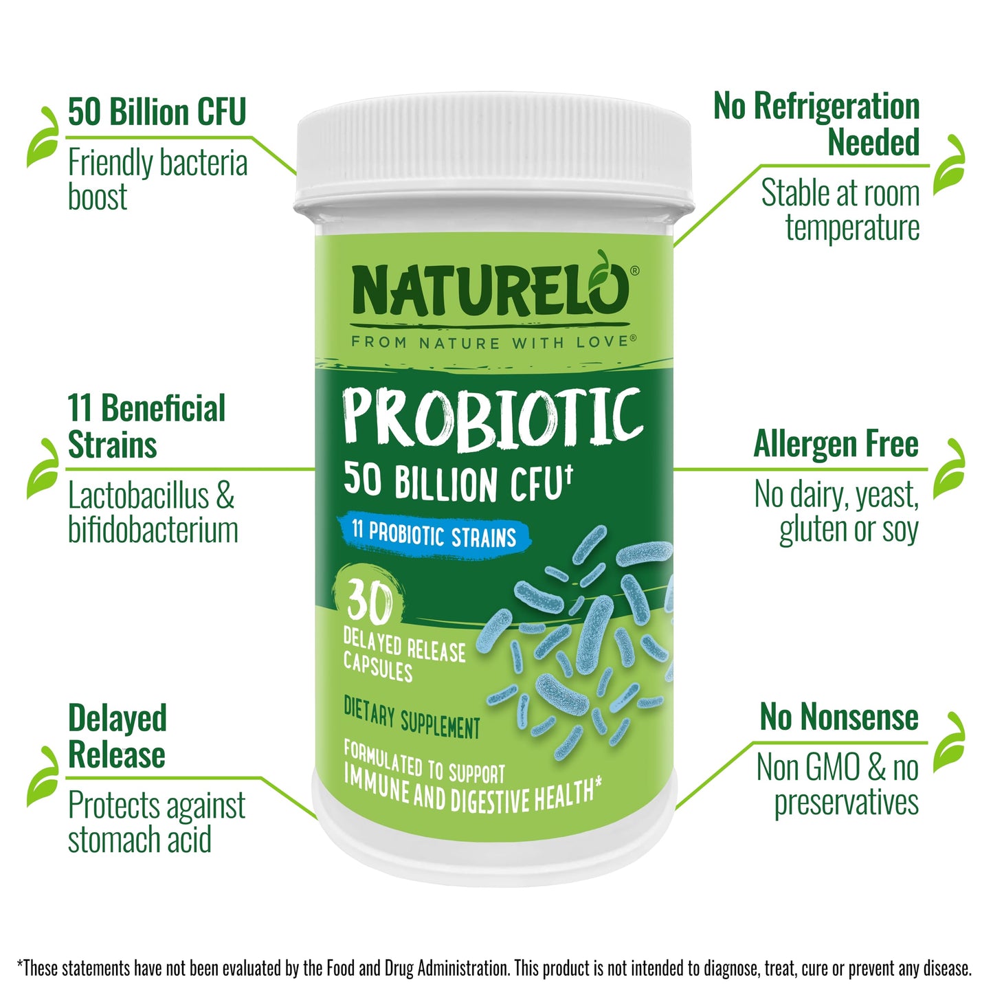 NATURELO Probiotics for Digestive Health - 50 Billion CFU, 11 Strains Daily Supplement - Boosts Immune System, Delayed Release, 60 Vegetarian Capsules