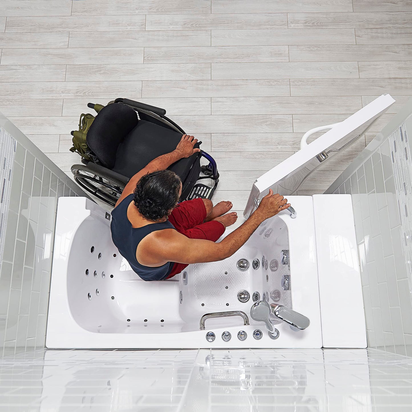 Ella Wheelchair Transfer 30"x52" Acrylic Air and Hydro Massage Walk-In Bathtub with Left Outward Swing Door, 2 Piece Fast Fill Faucet, 2" Dual Drain