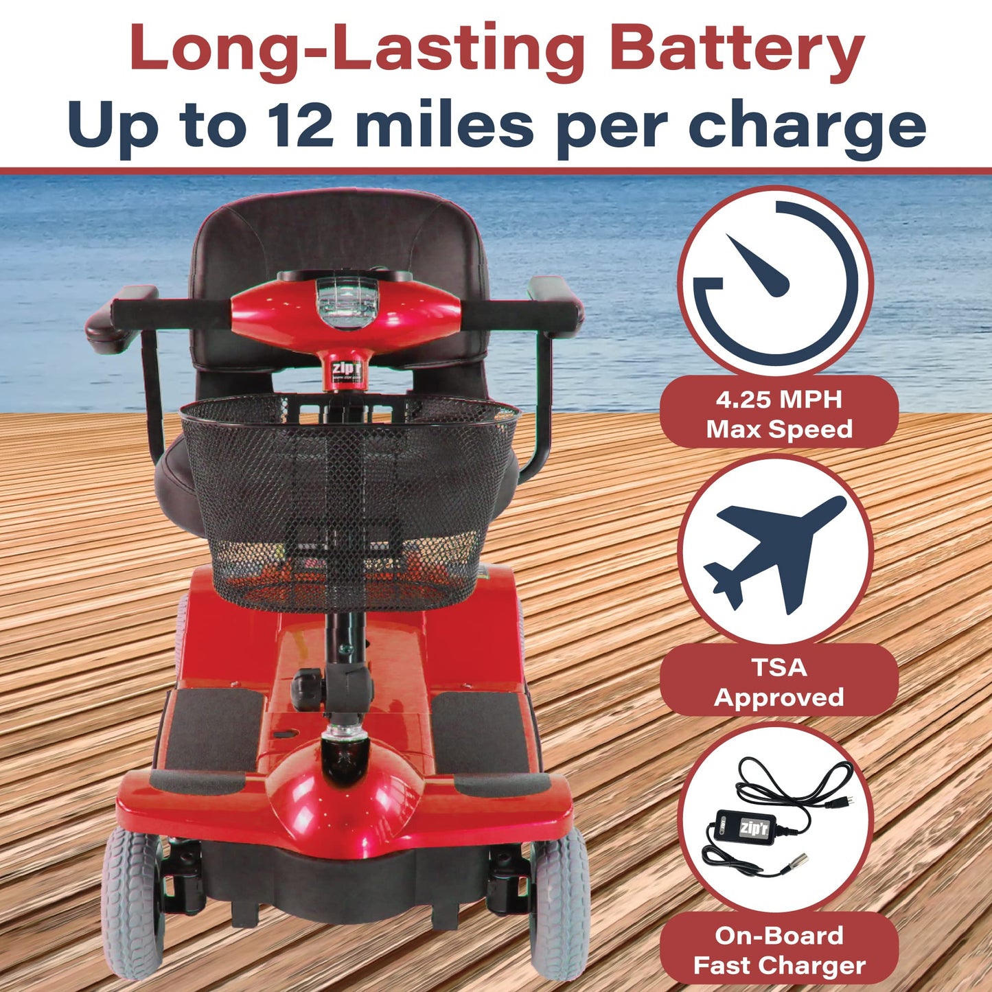 Zipr Traveler 4 Wheel Mobility Scooter - Upgraded Battery - Portable Folding Scooter - Adults, Seniors, Elderly - Charger and Metal Basket Included