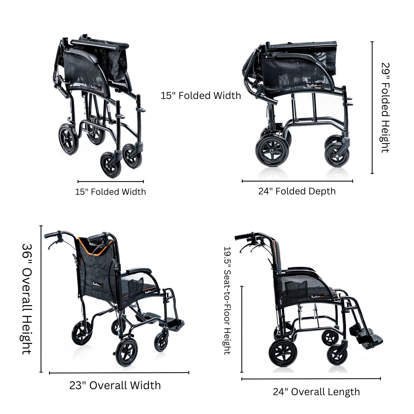 Feather Mobility - 13lb Frame - Black Lightweight Folding Transport Chair - Without Handbrakes - 300 lb Capacity