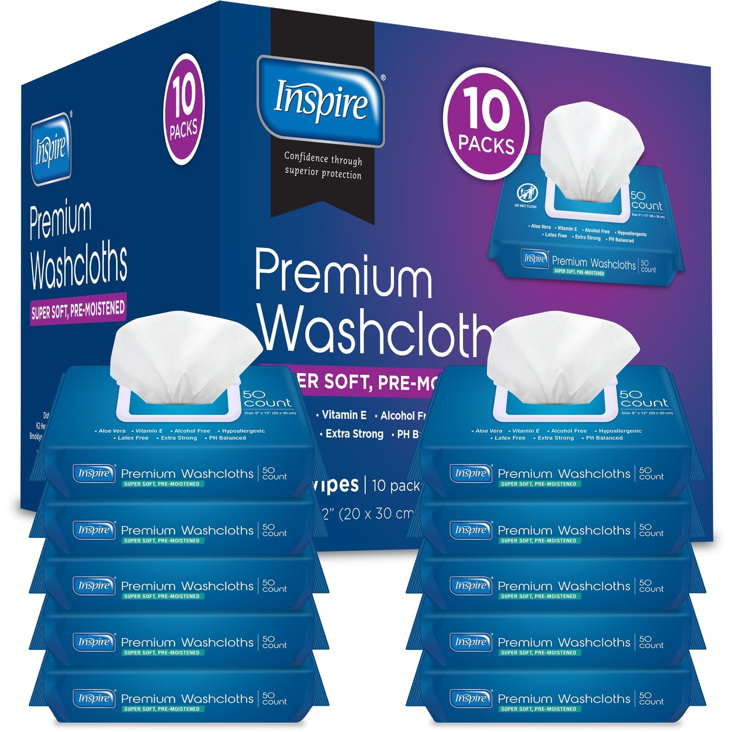 Inspire Adult Wet Wipes, Wash Cloths | Adult Wipes for Incontinence & Cleansing for Elderly, 8"x12" Count 12 packs of 50