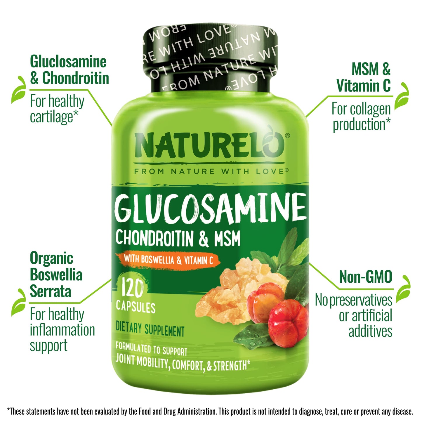 NATURELO Glucosamine Chondroitin MSM with Boswellia and Vitamin C - Supplement for Joint Comfort, Mobility, and Strength - 120 Capsules