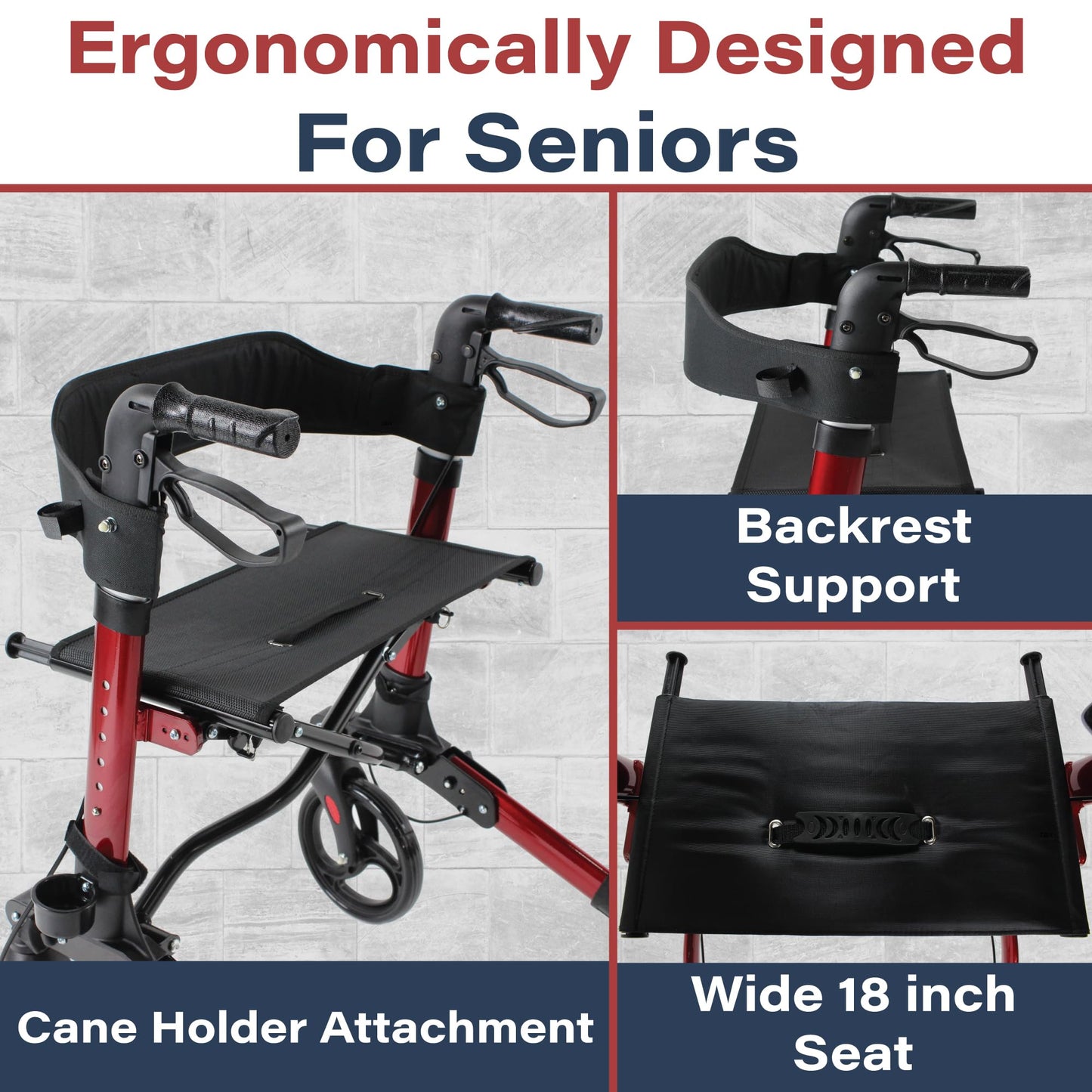 Zip'r Rambler Walker With Seat - Sturdy Rollator for Seniors, Lightweight 4 Wheel Walker, 300 lbs Max Weight, Folding, Red