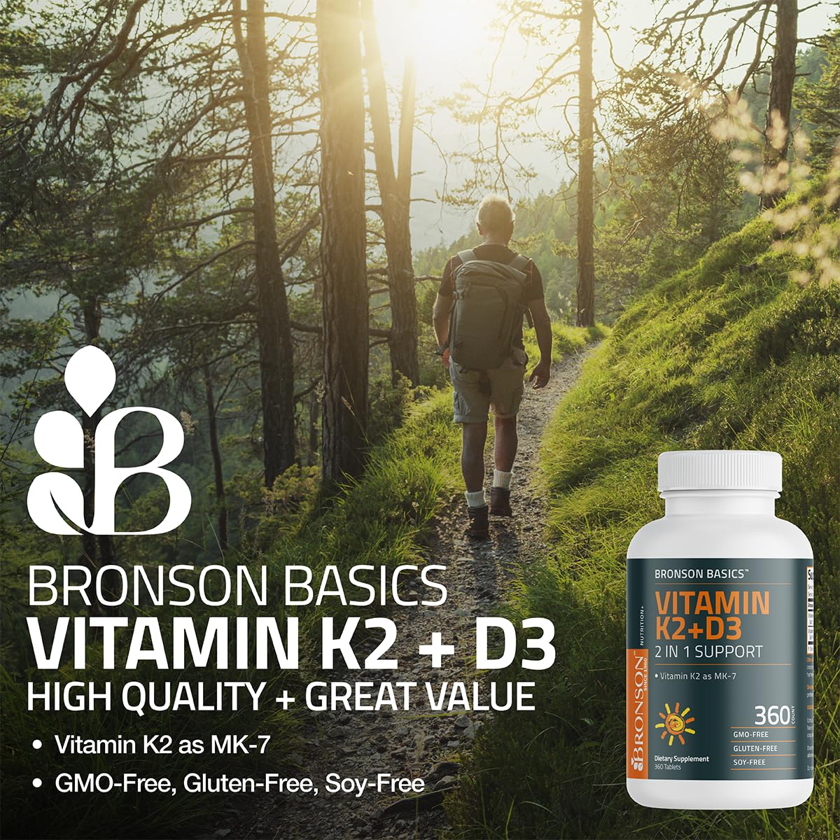 Bronson Vitamin K2 D3 (MK7) Supplement Non-GMO Formula Vitamin D3 5000IU (125 mcg) & 90 mcg K2 MK-7, Easy to Swallow D & K Complex, 120 Tablets