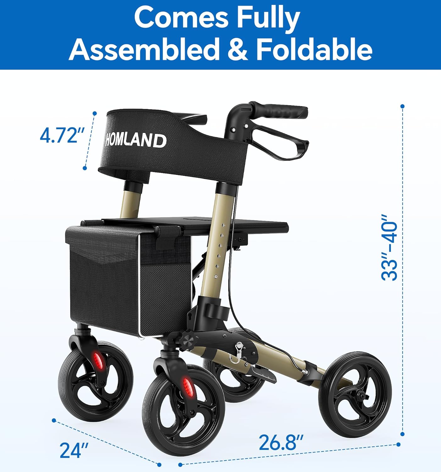 Foldable Rollator Walker for Seniors with Seat, 350 LBS Portable Rolling Walker with Height Adjustable, 8" Big Wheels Compatible for All Terrain, Champagne