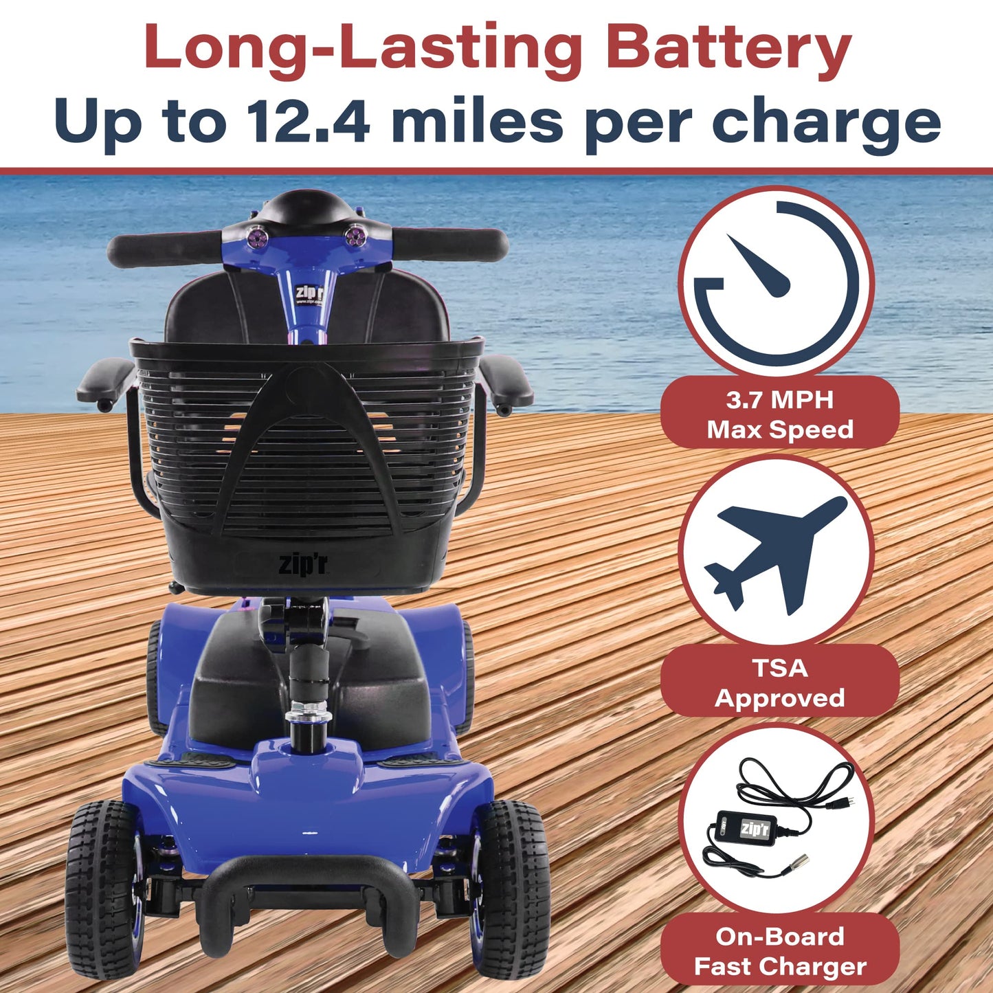 Zipr Roo 4 Wheel Mobility Scooter - Electric Powered Wheelchair Medical Aid - Compact Heavy Duty Mobile for Travel, Seniors, Adults, Handicapped - Long Range Battery with Charger Basket Included