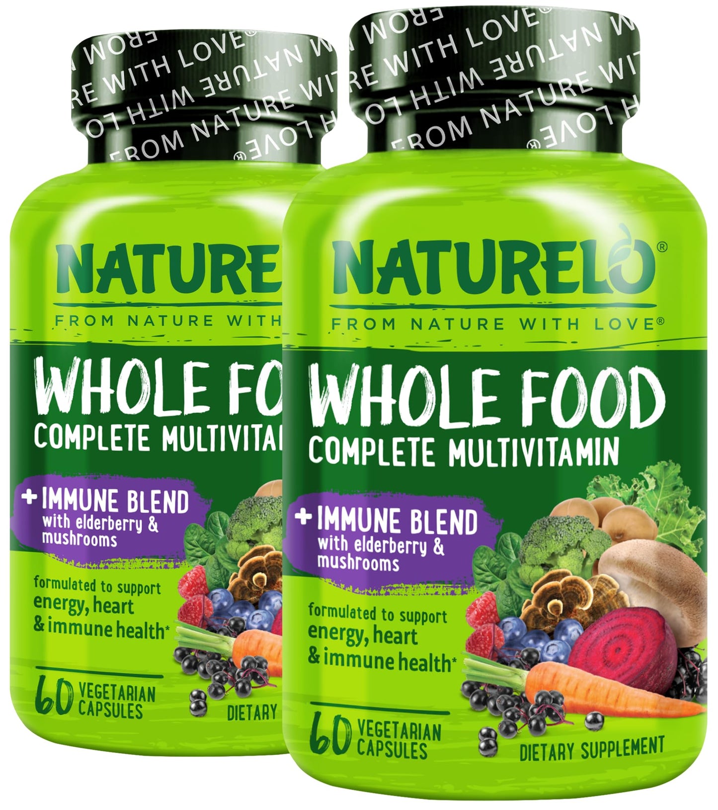 NATURELO Whole Food Multivitamin + Immune Blend with Elderberry & Mushrooms - Complete Multivitamin with Extra Immune Support - C, D3, Zinc, Elderberry, Reishi, Shitake - 60 Vegan Capsules