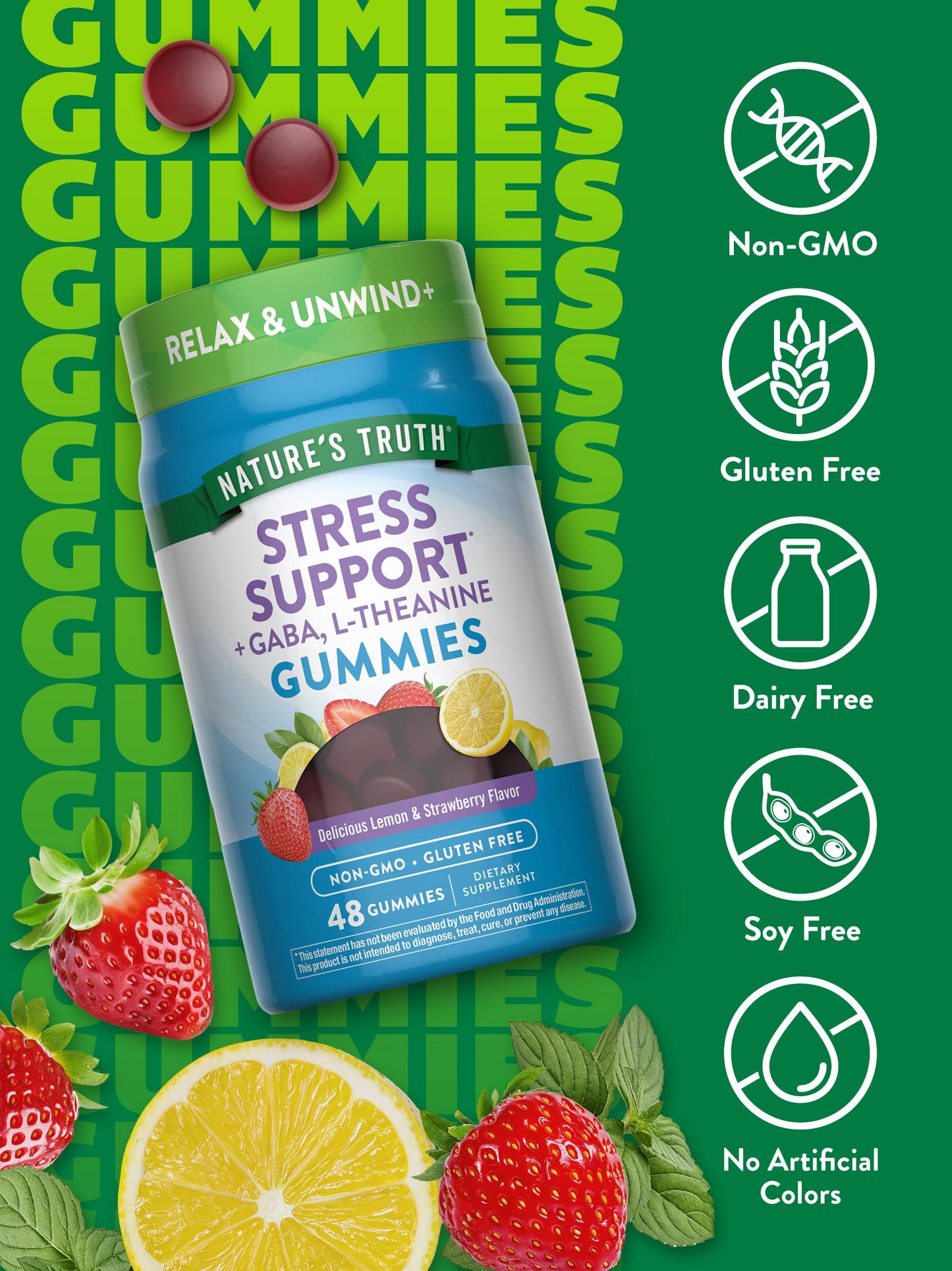 Nature's Truth Stress Relief Gummies for Adults | with Gaba, L Theanine, and Lemon Balm | Lemon Strawberry Flavor | Non-GMO & Gluten Free Supplement