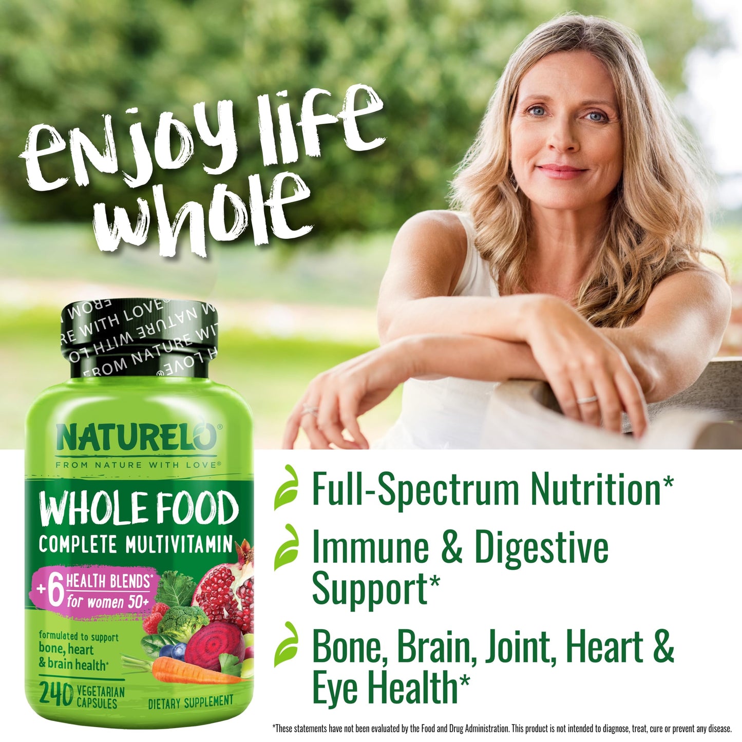 NATURELO Whole Food Multivitamin for Women 50+ (Iron Free) with Vitamins, Minerals, & Organic Extracts - Supplement for Post Menopausal Women Over 50 - No GMO - 120 Vegan Capsules
