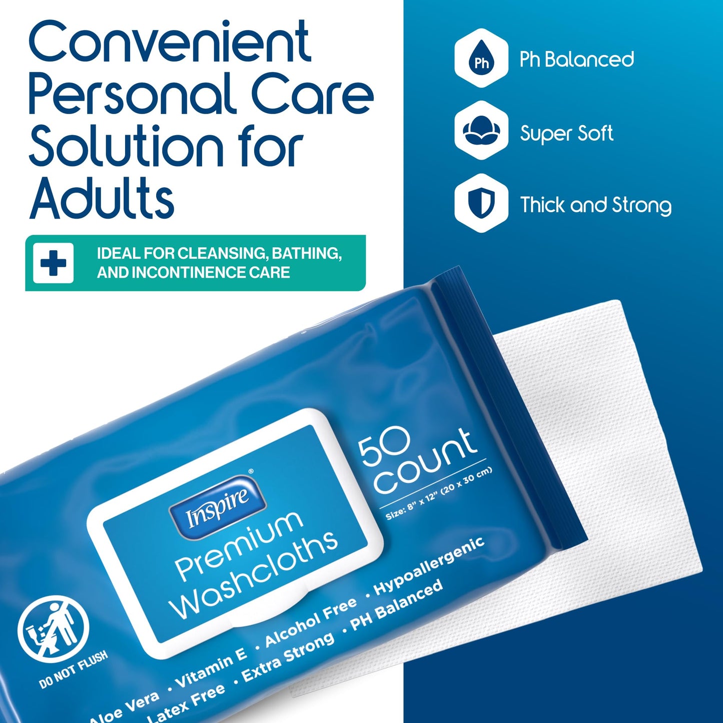 Inspire Adult Wet Wipes, Wash Cloths | Adult Wipes for Incontinence & Cleansing for Elderly, 8"x12" Count 12 packs of 50