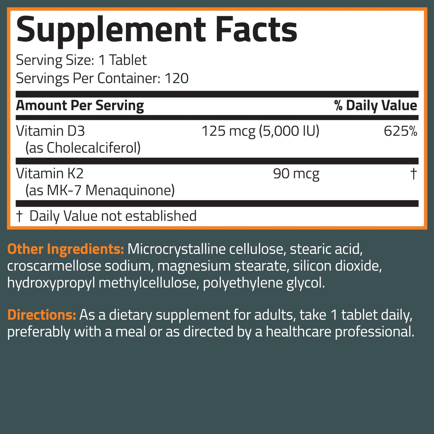 Bronson Vitamin K2 D3 (MK7) Supplement Non-GMO Formula Vitamin D3 5000IU (125 mcg) & 90 mcg K2 MK-7, Easy to Swallow D & K Complex, 120 Tablets