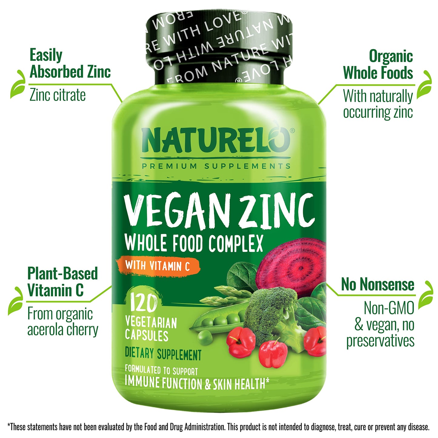NATURELO Vegan Zinc Immune Support Capsules - Whole Food Complex with Vitamin C for Healthy Skin, Hair, and Nails - 120 Capsules