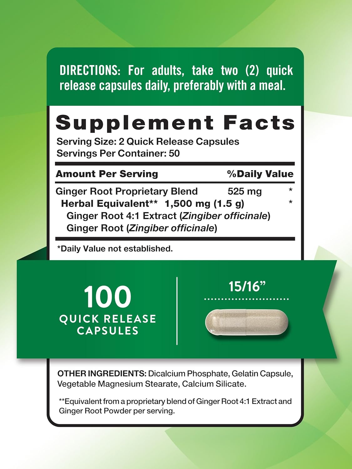 Nature's Truth Ginger Root Capsules | 1,500mg | 100 Count | from Ginger Root Extract | Non-GMO and Gluten Free Supplement