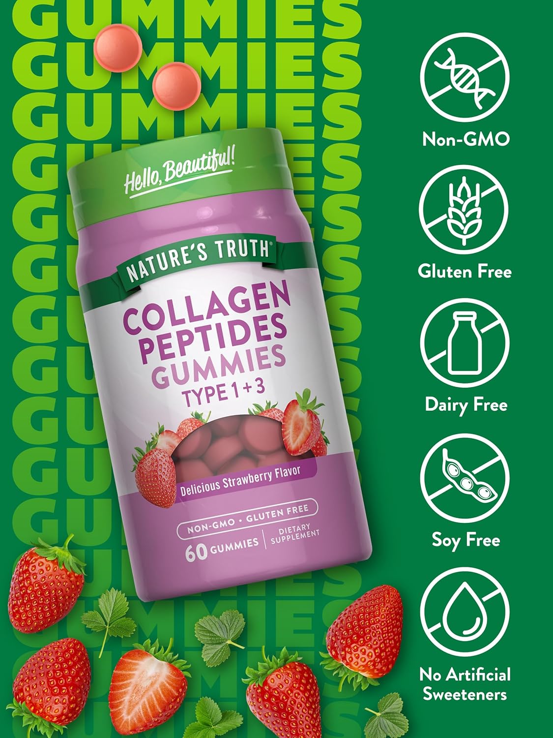 Nature's Truth Collagen Peptide Gummies for Women | 60 Count Type 1 and 3 | Strawberry Flavor | Non-GMO & Gluten Free Supplement