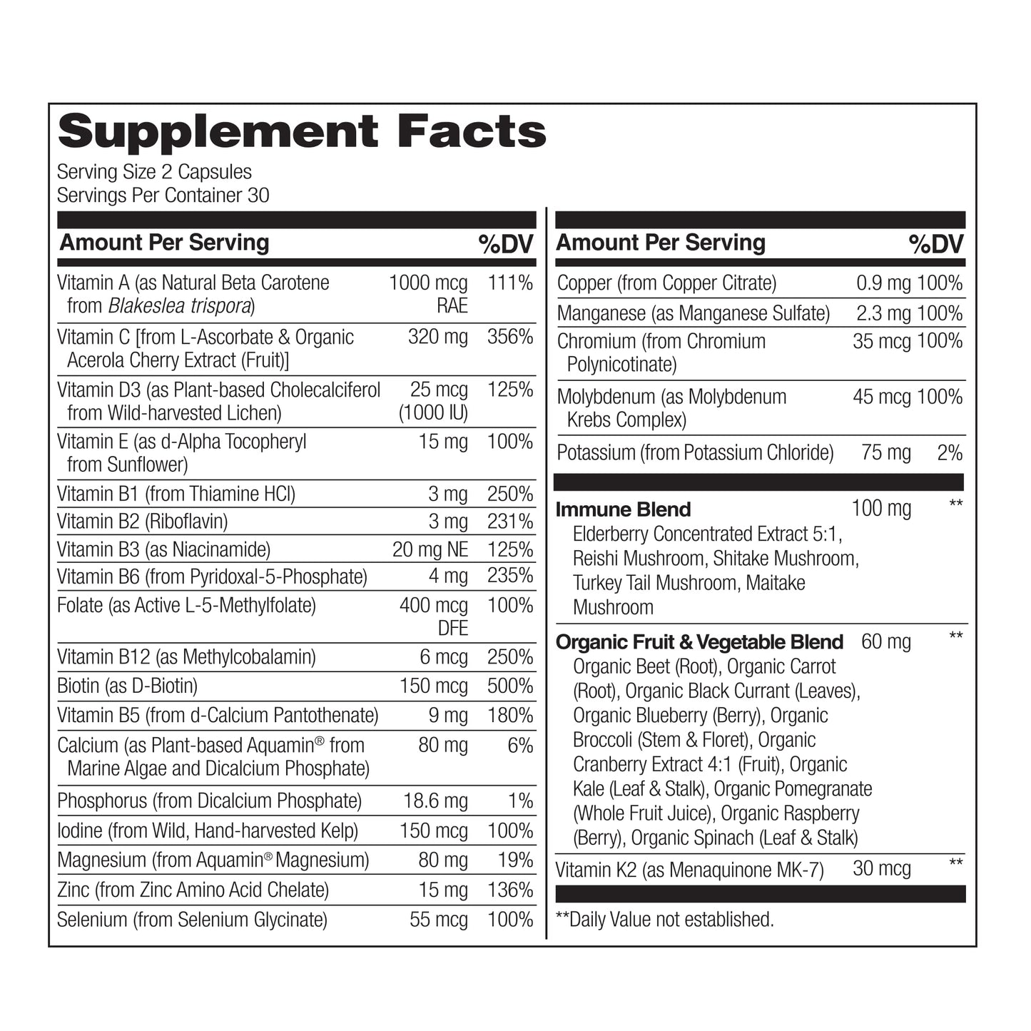 NATURELO Whole Food Multivitamin + Immune Blend with Elderberry & Mushrooms - Complete Multivitamin with Extra Immune Support - C, D3, Zinc, Elderberry, Reishi, Shitake - 60 Vegan Capsules