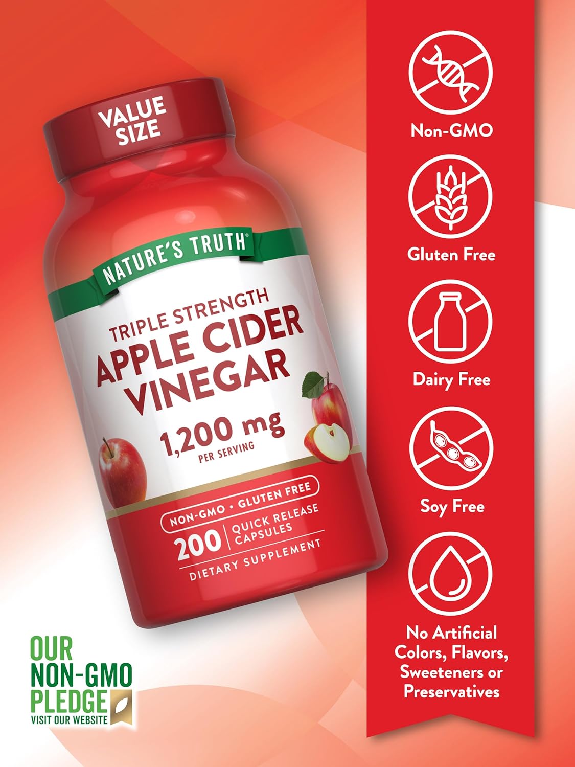 Nature's Truth Apple Cider Vinegar Capsules | 1200mg | 200 Pills | Extra Strength | Value Size | Non-GMO, Gluten Free Supplement