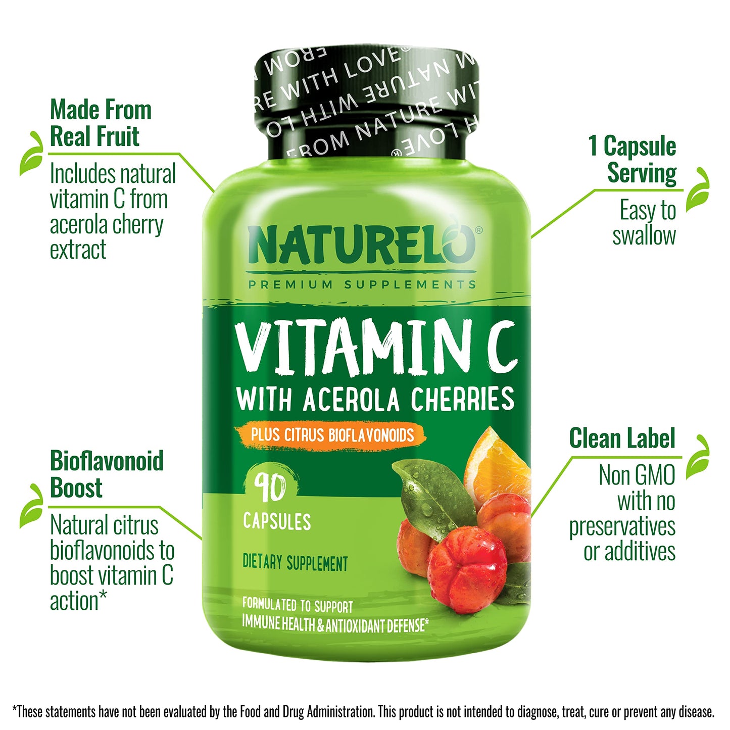 NATURELO Vitamin C with Organic Acerola Cherry Extract and Citrus Bioflavonoids - Vegan Supplement - Immune Support - 500 mg VIT C per Cap - Non-GMO - 90 Capsules