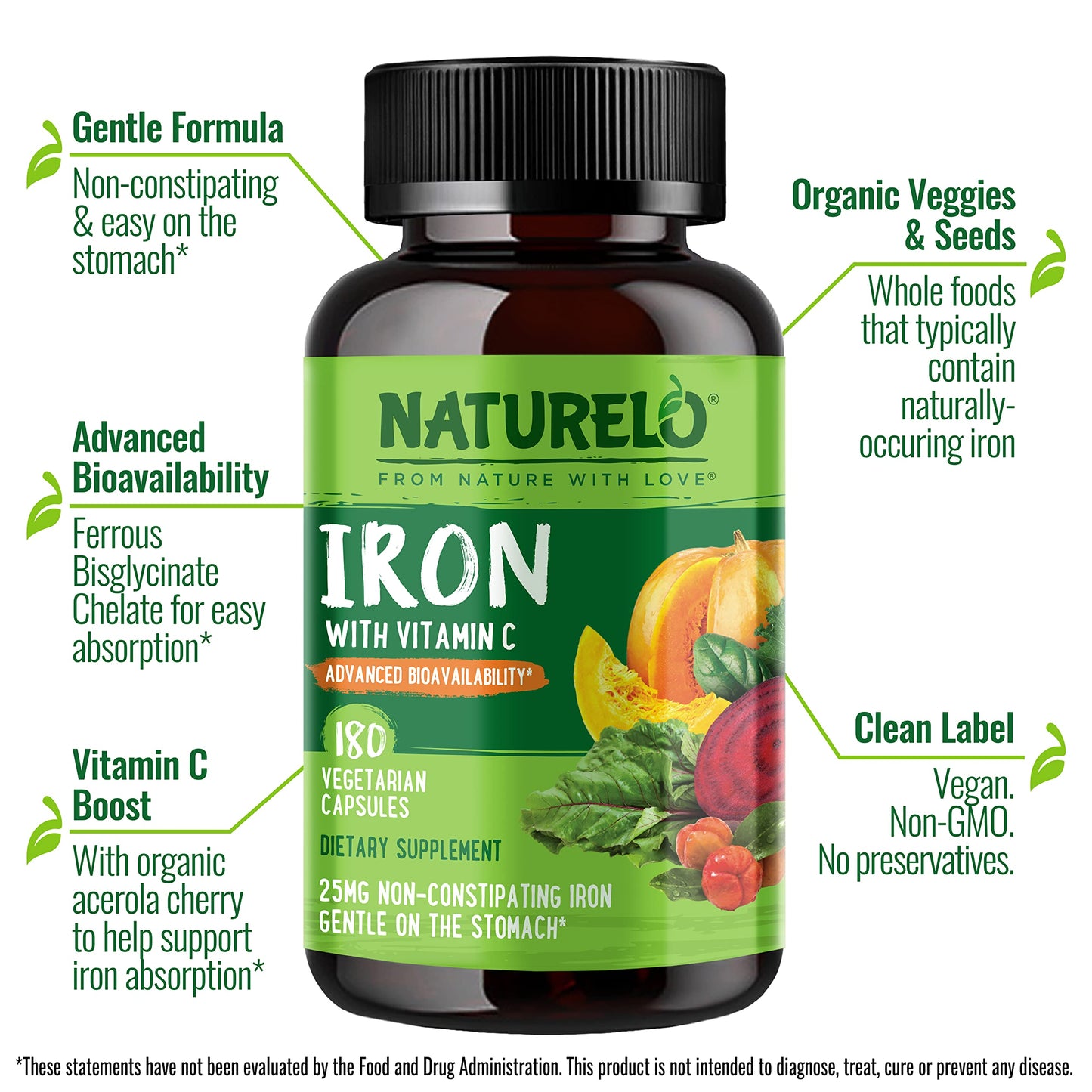 NATURELO Vegan Iron Supplement with Vitamin C and Organic Whole Foods - Gentle Iron Pills for Women & Men with Iron Deficiency Including Pregnancy, Anemia and Vegan Diets - 90 Mini Capsules