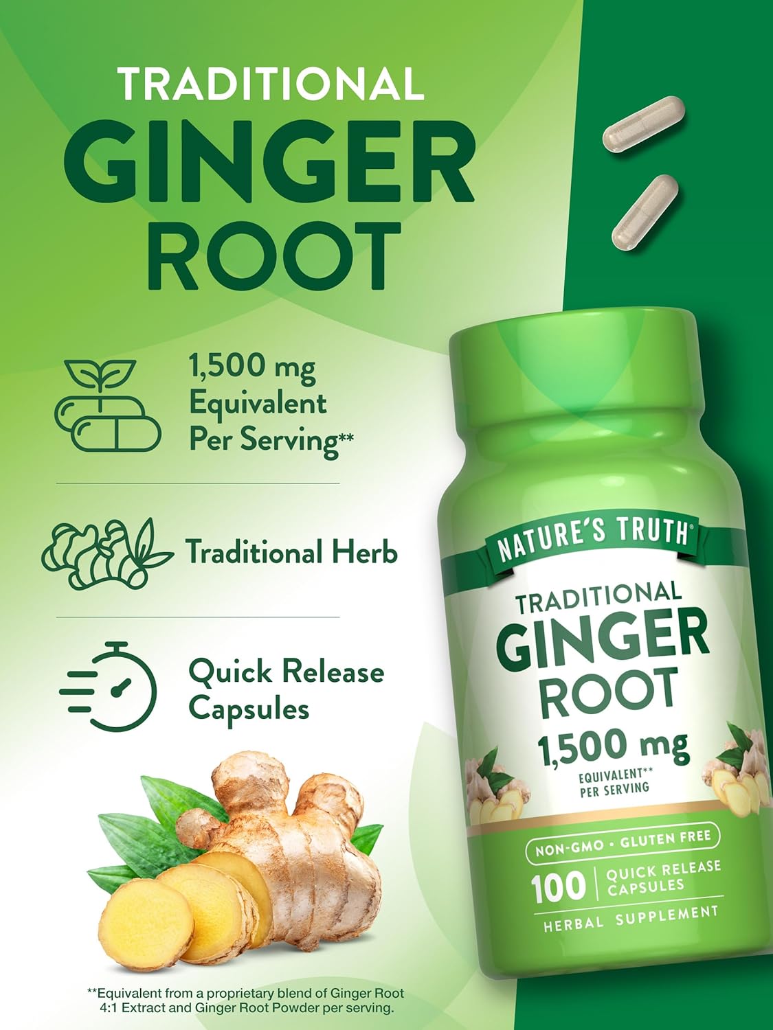 Nature's Truth Ginger Root Capsules | 1,500mg | 100 Count | from Ginger Root Extract | Non-GMO and Gluten Free Supplement