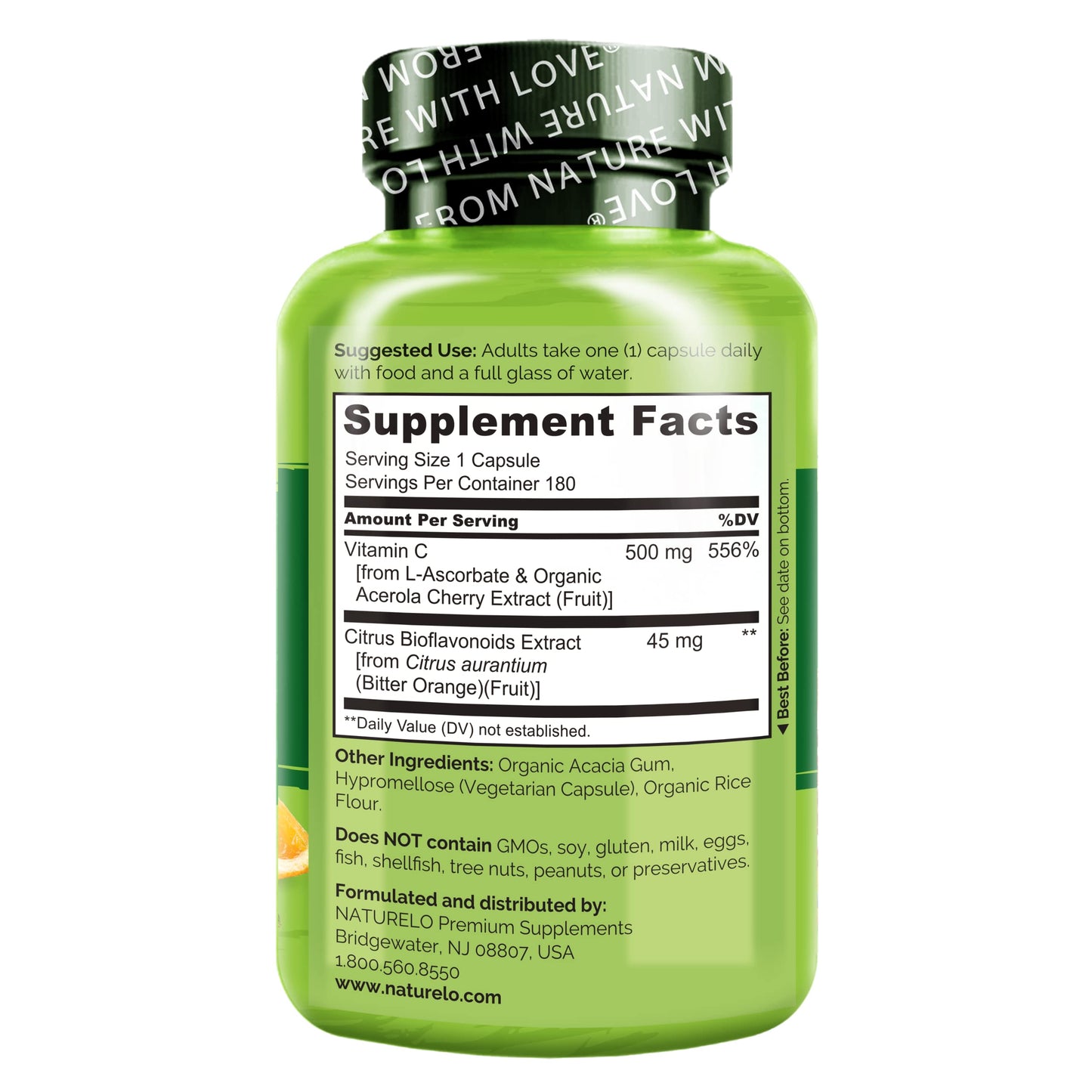 NATURELO Vitamin C with Organic Acerola Cherry Extract and Citrus Bioflavonoids - Vegan Supplement - Immune Support - 500 mg VIT C per Cap - Non-GMO - 90 Capsules