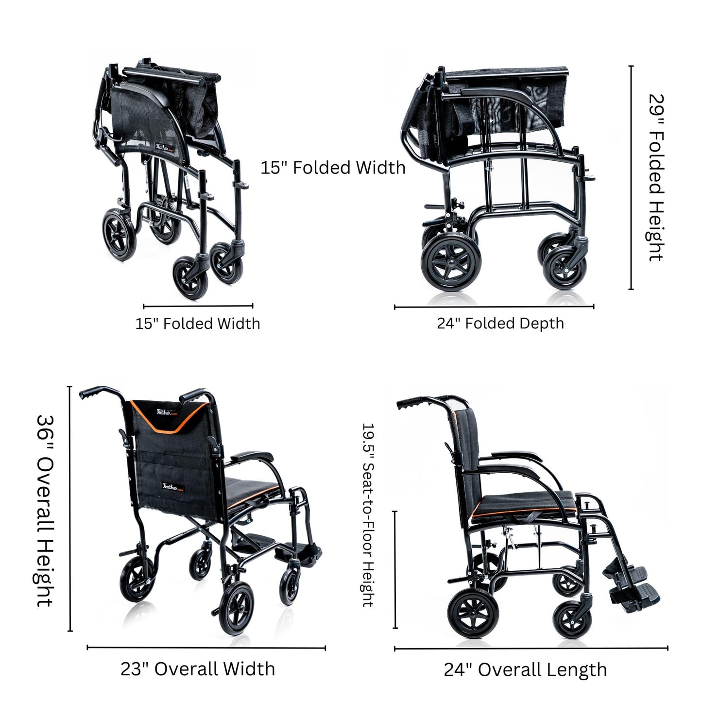 Feather Mobility - 13lb Frame - Black Lightweight Folding Transport Chair - Without Handbrakes - 300 lb Capacity