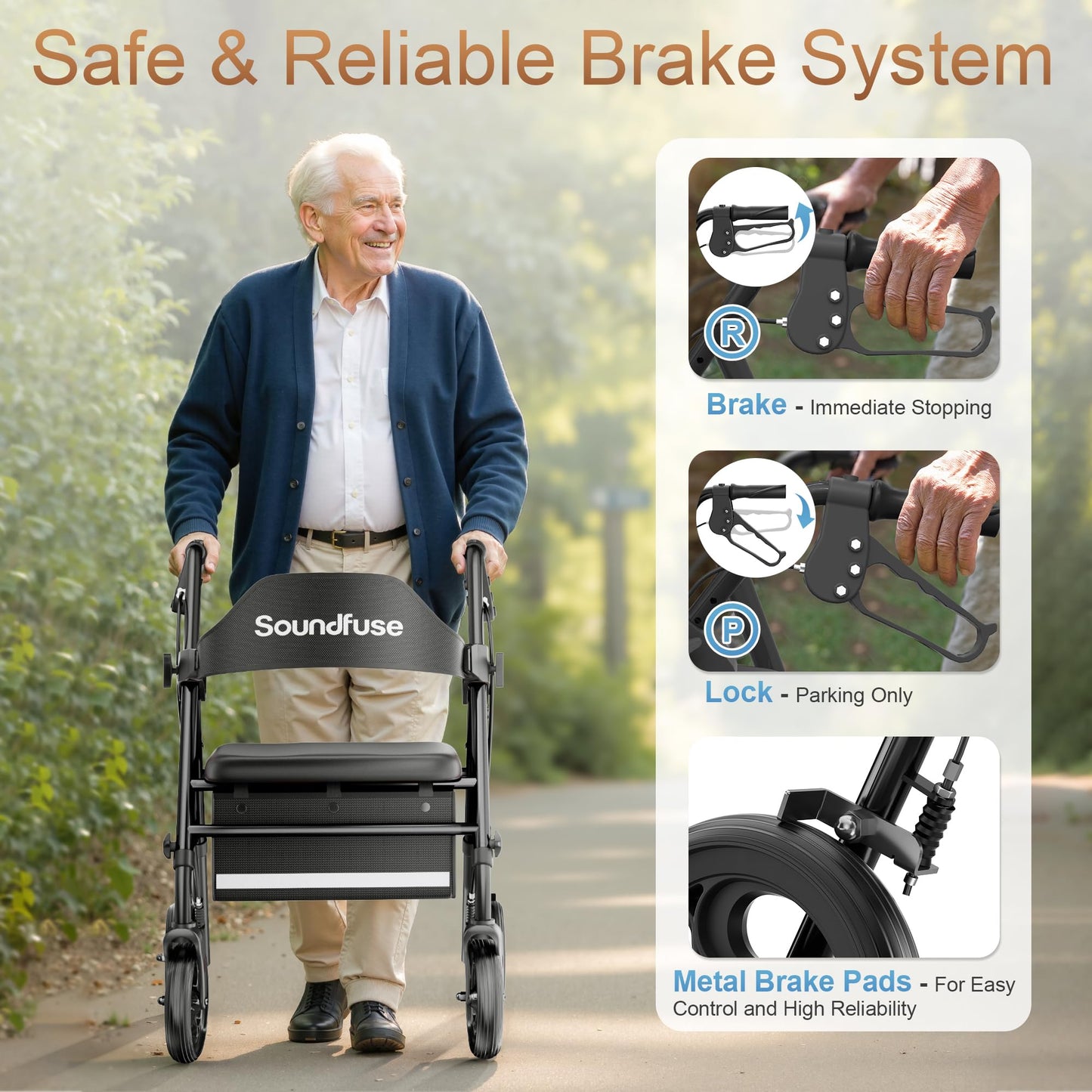 Rollator Walkers with Seat for Seniors, Foldable 8" Big Wheels All Terrain Rolling Walker, Handles and Ergonomic Seat Height Adjustable, 350 lb, FSA HSA Eligible