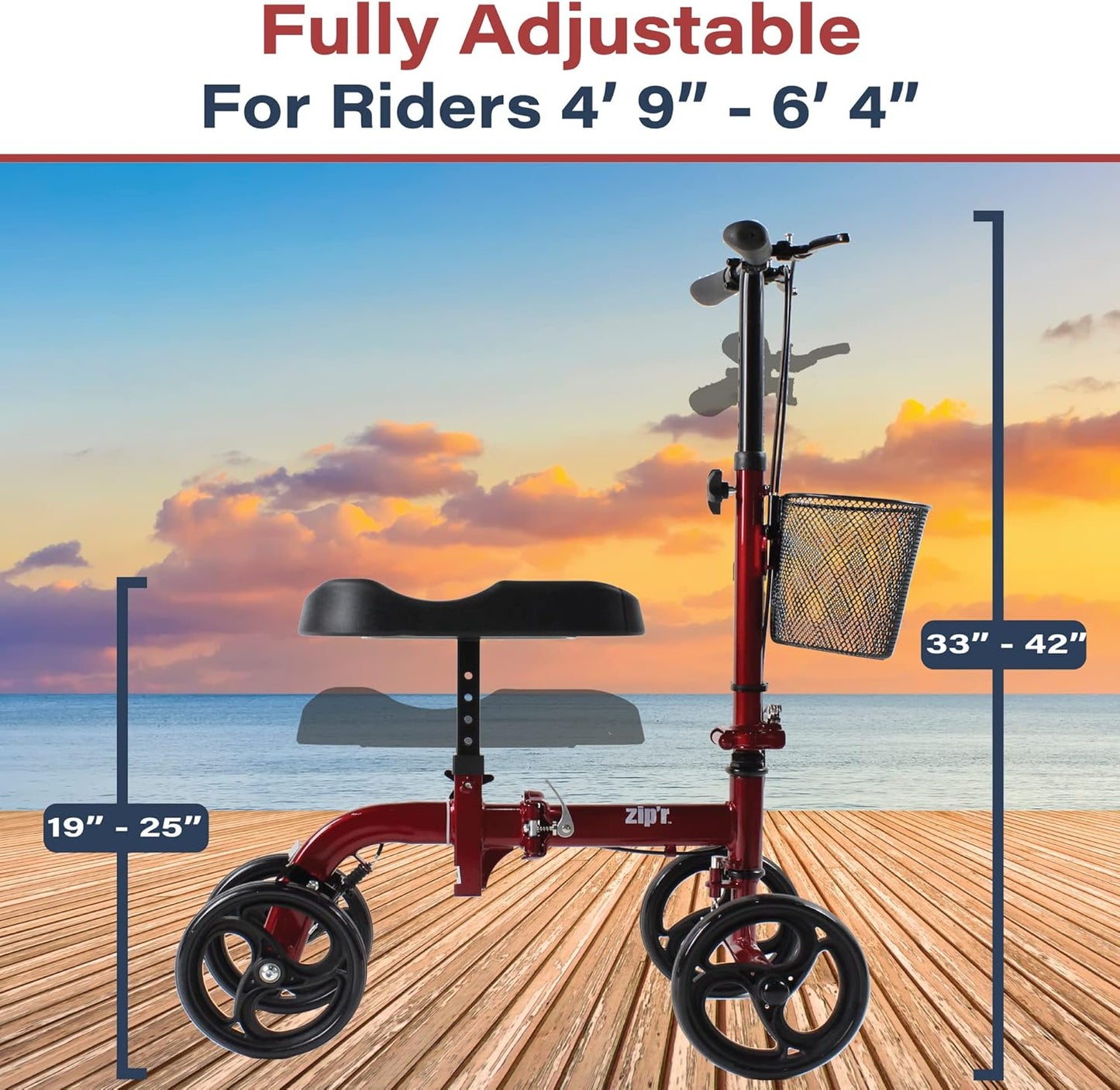 Zipr Pathfinder Folding Knee Scooter - Height Adjustable Knee Scooter - Medical Knee Scooter for Broken Foot & Ankle - Knee Walker with Removable Basket - Ambidextrous Dual Braking Knee Crutch