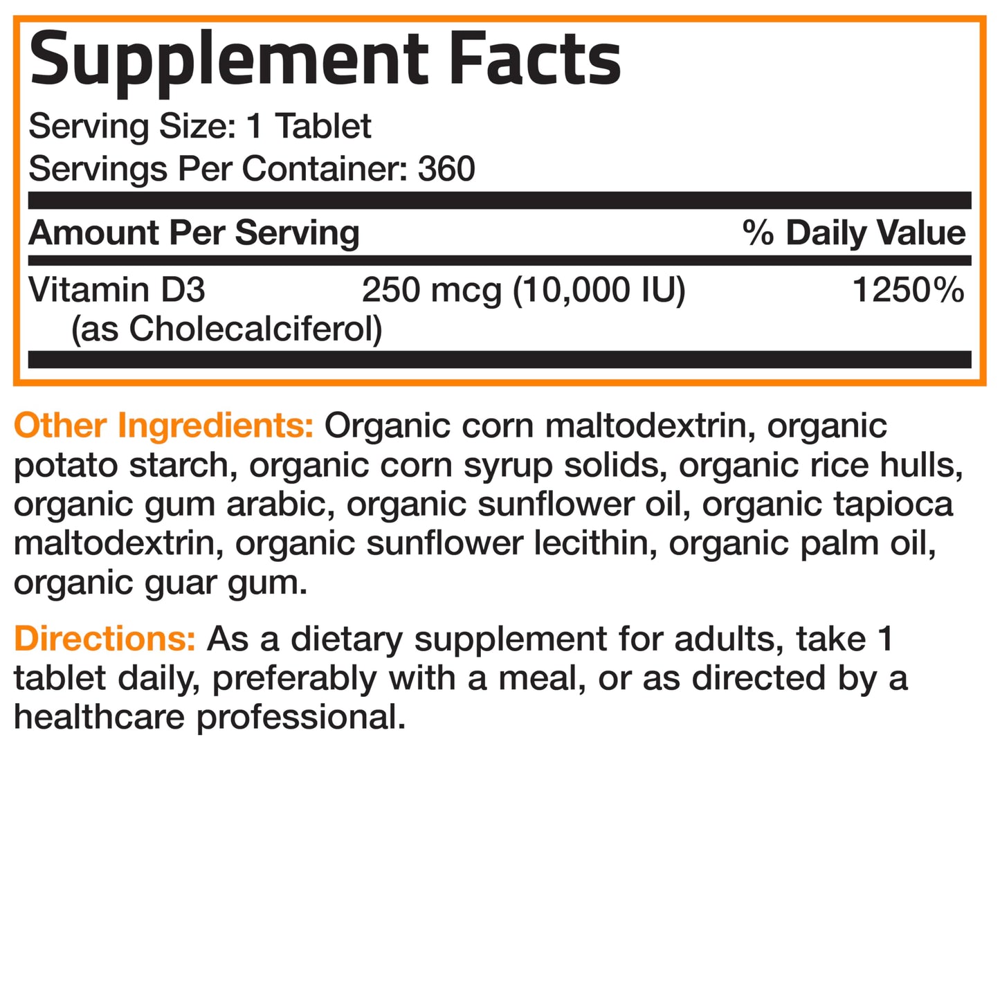 Bronson Vitamin D3 10,000 IU (250 mcg) Immune Support, Healthy Muscle Function & Bone Health, High Potency Organic Non-GMO Vitamin D Supplement, 360 Tablets