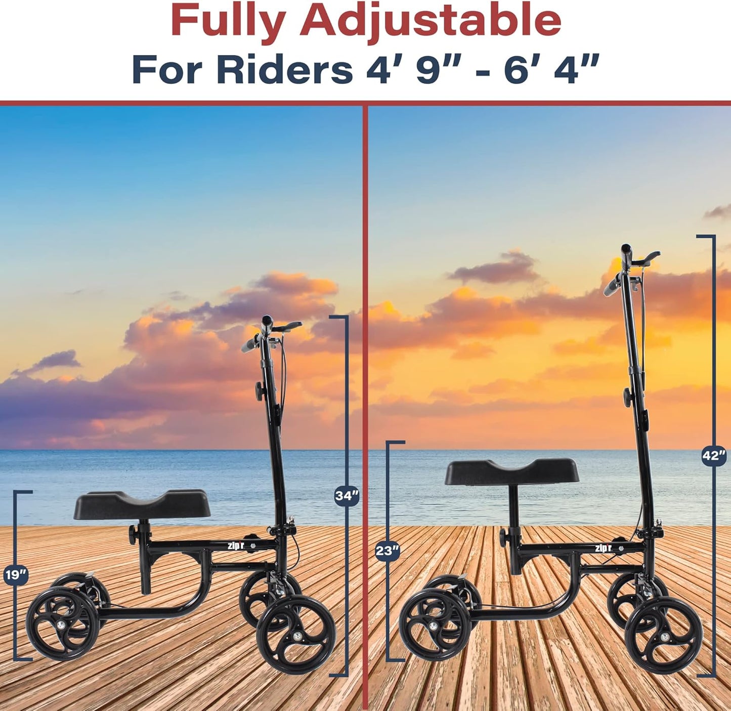 Zipr Glider Adjustable Knee Walker - Lightweight Transportable - Roller with Dual Braking - Heavy Duty Medical Knee Scooter