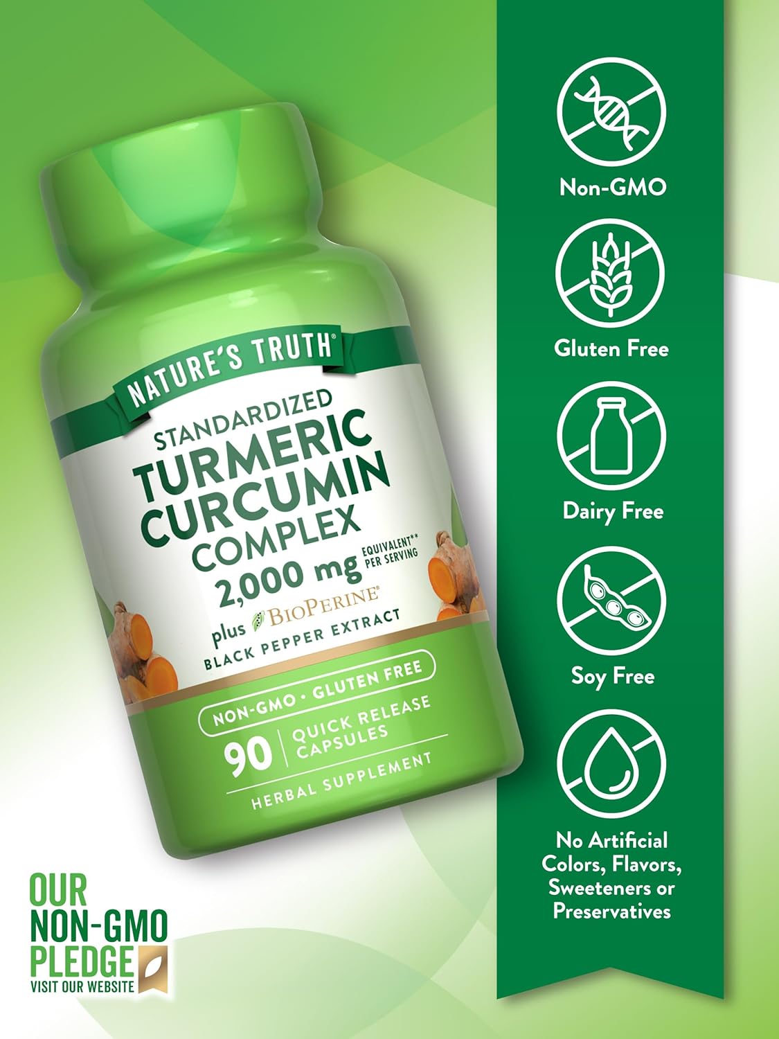 Nature's Truth Turmeric Curcumin Capsules | 2000mg | 90 Count | with 95% Standardized Curcuminoids and Bioperine | Non-GMO and Gluten Free Supplement