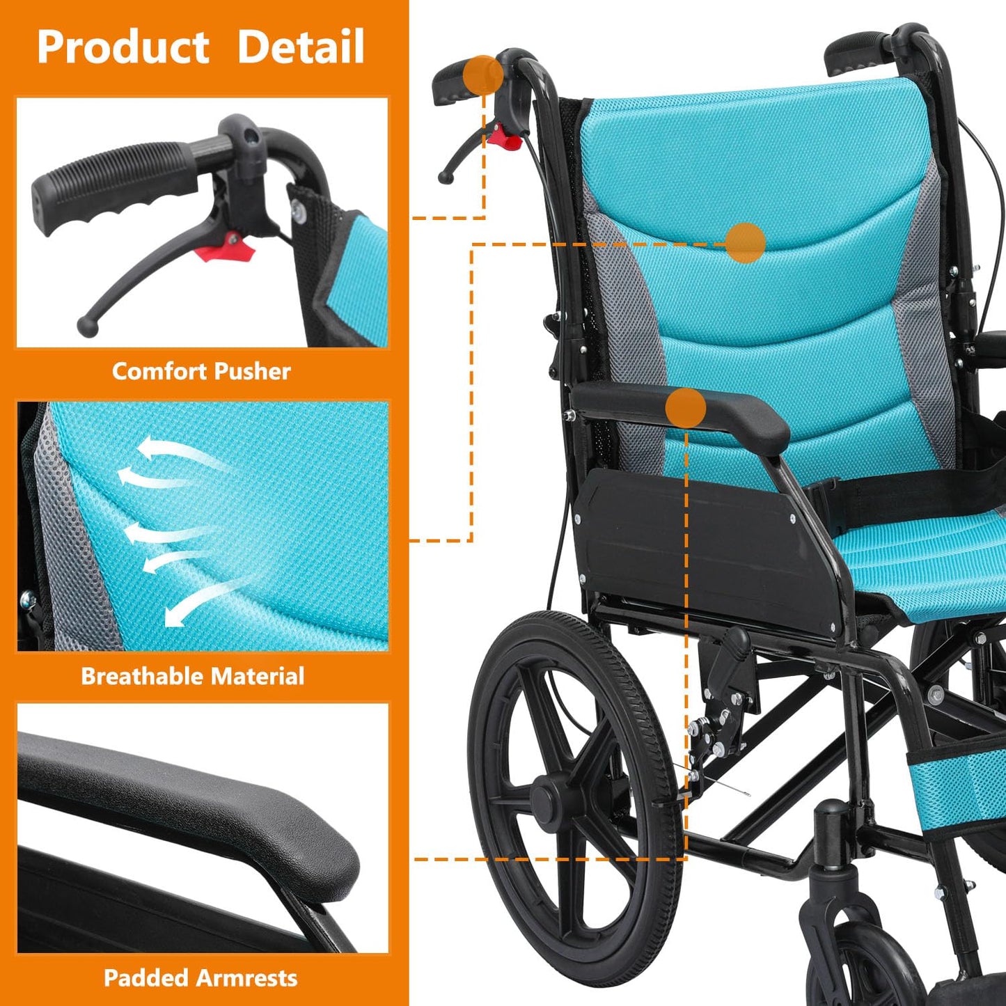 Wheelchair with Handbrakes, Swing-Away Footrests, 17.5" Wide Seat, 15" Rear Wheels, Lightweight Transport Chair for Easy Transfer, Travel, Compact Storage, 250lbs Capacity, Black Frame