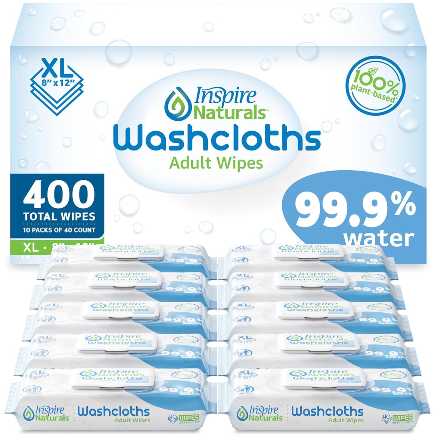 Inspire Naturals 99.9% Water Based Wet Wipes For Adults | Plastic Free Adult Wipe Extra Large Unscented | Disposable Washcloths For Elderly Incontinence, Bathing and Body (160 Ct)