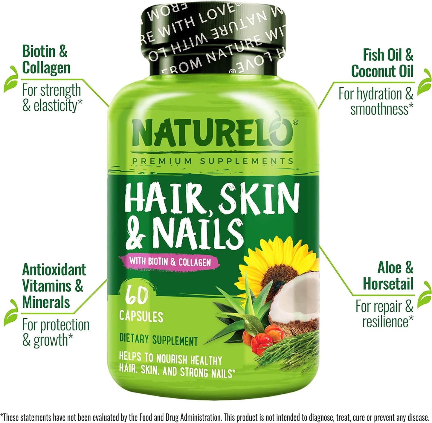 NATURELO Hair, Skin and Nails Vitamins - 5000 mcg Biotin, Collagen, Natural Vitamin E - Supplement for Healthy Skin, Hair Growth for Women and Men – 60 Capsules