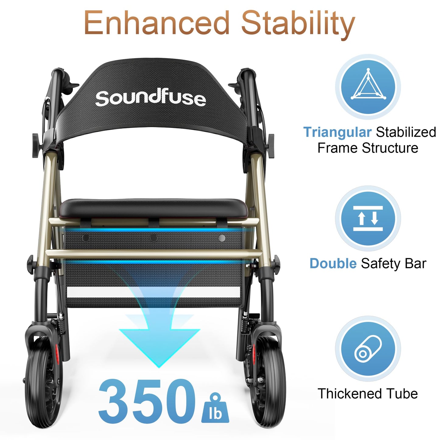 Rollator Walkers with Seat for Seniors, Foldable 8" Big Wheels All Terrain Rolling Walker, Handles and Ergonomic Seat Height Adjustable, 350 lb, FSA HSA Eligible