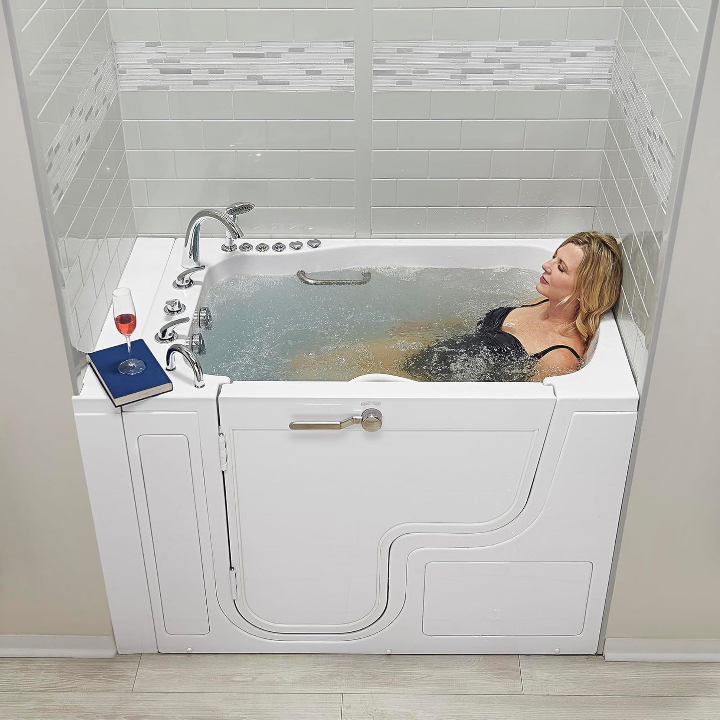 Ella Wheelchair Transfer 36"x55" Acrylic Hydro Massage w/Independent Foot Massage Walk-In Bathtub, Left Door, 5 Piece Fast Fill Faucet, 2" Dual Drain