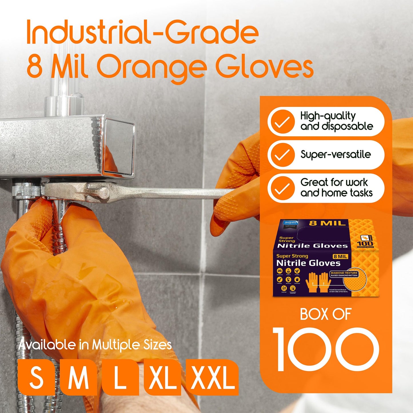 Inspire Heavy Duty Orange Nitrile Disposable Gloves | ULTRA 8 Mil Diamond Textured Grip | Industrial Mechanic Food