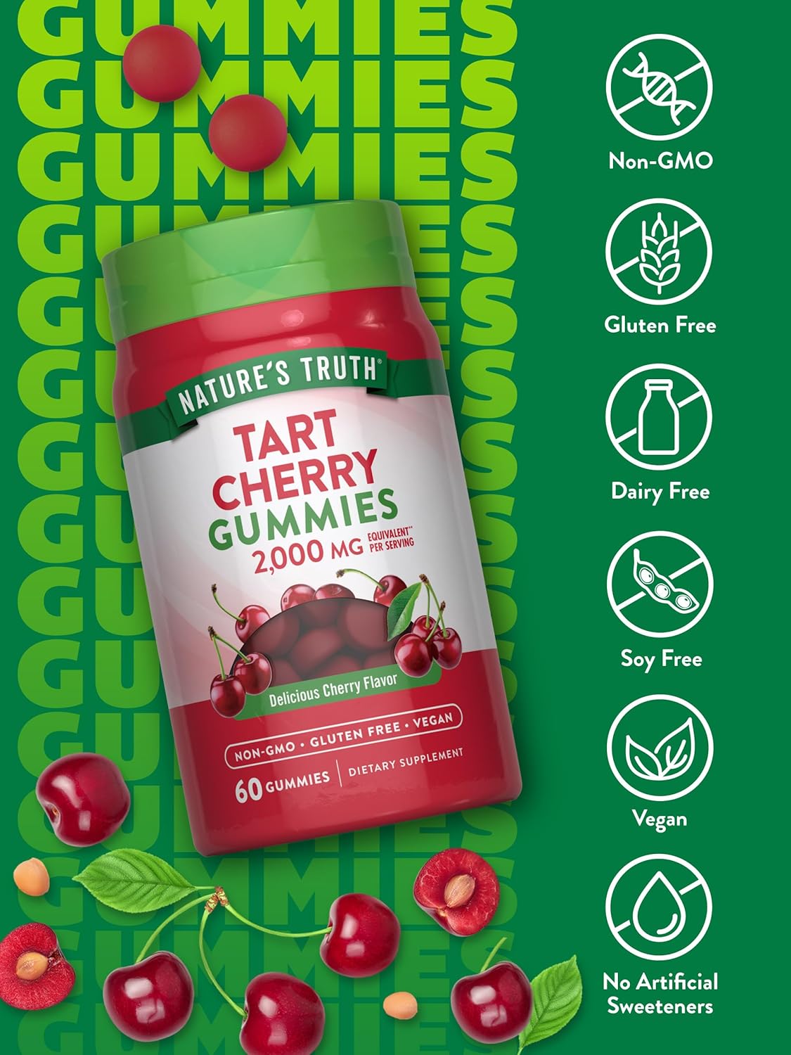 Nature's Truth Tart Cherry Gummies | 2000mg | 60 Count | Vegan, Non-GMO & Gluten Free Supplement | Cherry Flavor